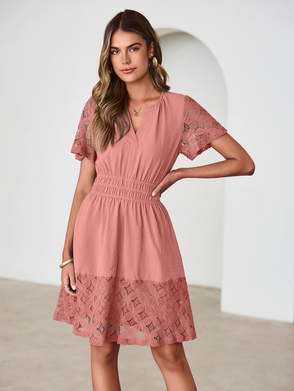 Simplee Womens Boho Summer Dresses Casual Wedding Guest V Neck Short Sleeve Empire Waist A Line Tiered Mini Dress - Image 2