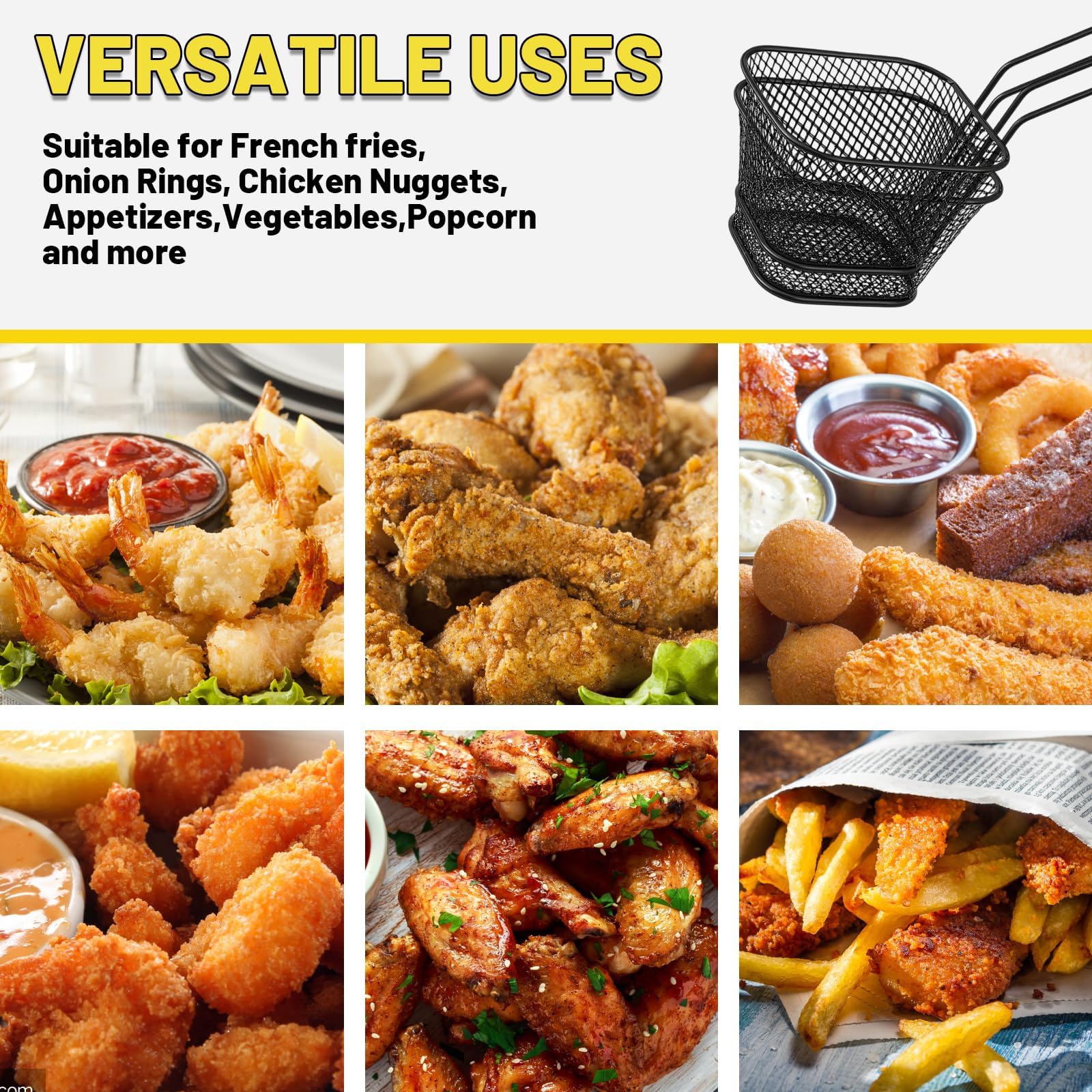 4 cestini per patatine, in acciaio inox, colore nero, ideali per friggere e servire patatine fritte e snack, durevoli e versatili