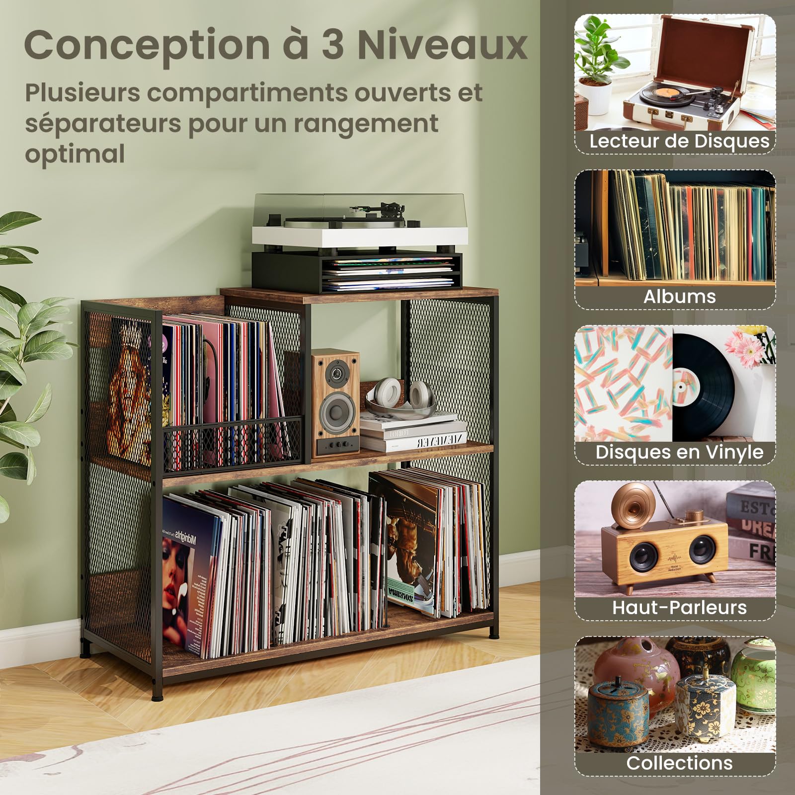 GOPLUS Meuble Platine Vinyle 3 Niveaux pour 300 Albums, 83 x 36 x 76,5 CM, Support de Tourne-disques avec3 Séparateur Amovible et Structure Métallique, Étagère Rangement pour Vinyle pour Salon, Studio