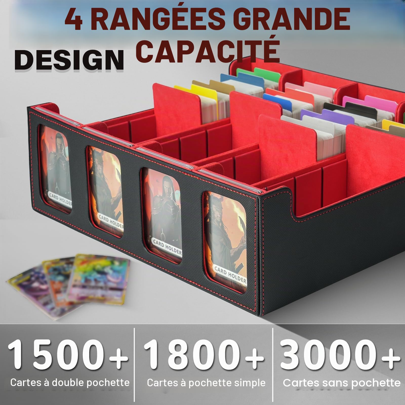 Boîte de rangement pour deck MTG - Capacité de 3000+ cartes avec 24 séparateurs et fenêtres d'affichage pour cartes TCG et YuGiOh (Noir & Rouge)