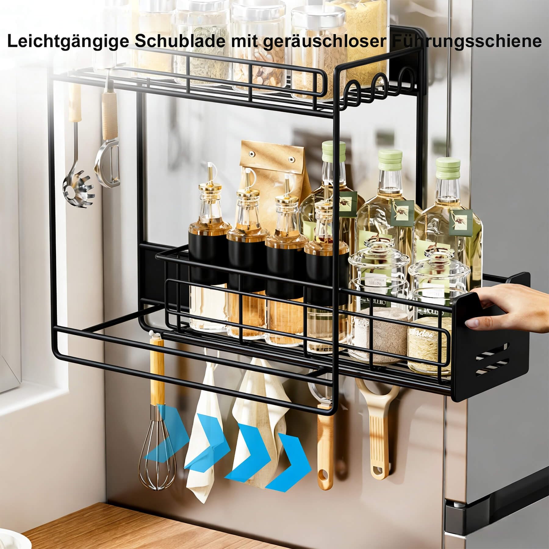 Étagère à épices magnétique pour réfrigérateur avec couches extractibles, organiseur à épices magnétique pour réfrigérateur, double étagère en métal avec 5 crochets