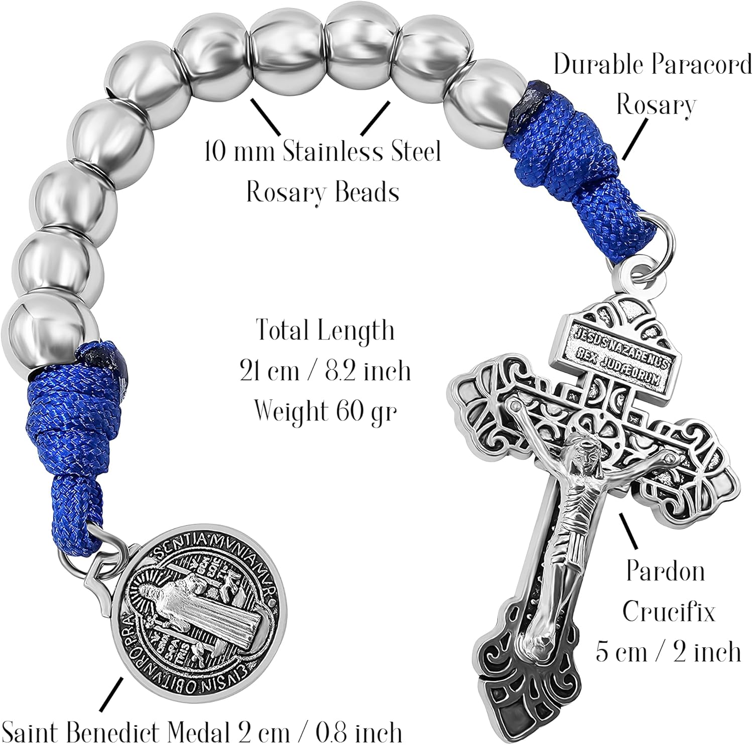 TALISMAN4U One Decade Paracord Pocket Rosary 10mm Silver Beads St Benedict Medal Pardon Crucifix Catholic Rosaries Chaplet with Linen Pouch & Prayer Card Religious Gift - Image 3