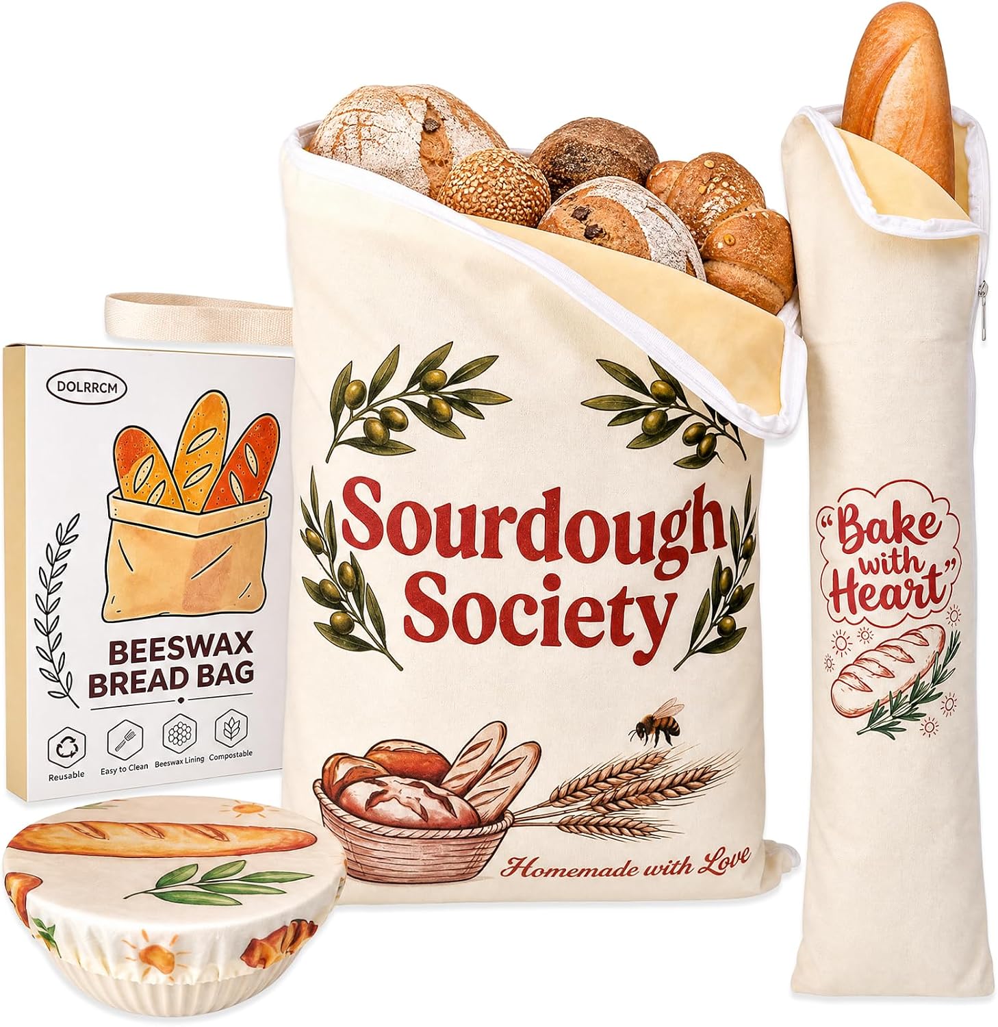 2 Pack Beeswax Bread Bag for Homemade Sourdough Bread, Reusable Organic Bread Storage Bags with Bowl Covers, Natural Cotton Waxed Linen Baguette Sourdough Bags Zipper Freezer Friendly to Keep Fresh