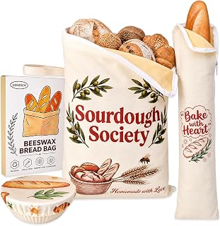2 Pack Beeswax Bread Bag for Homemade Sourdough Bread, Reusable Organic Bread Storage Bags with Bowl Covers, Natural Cotton Waxed Linen Baguette Sourdough Bags Zipper Freezer Friendly to Keep Fresh