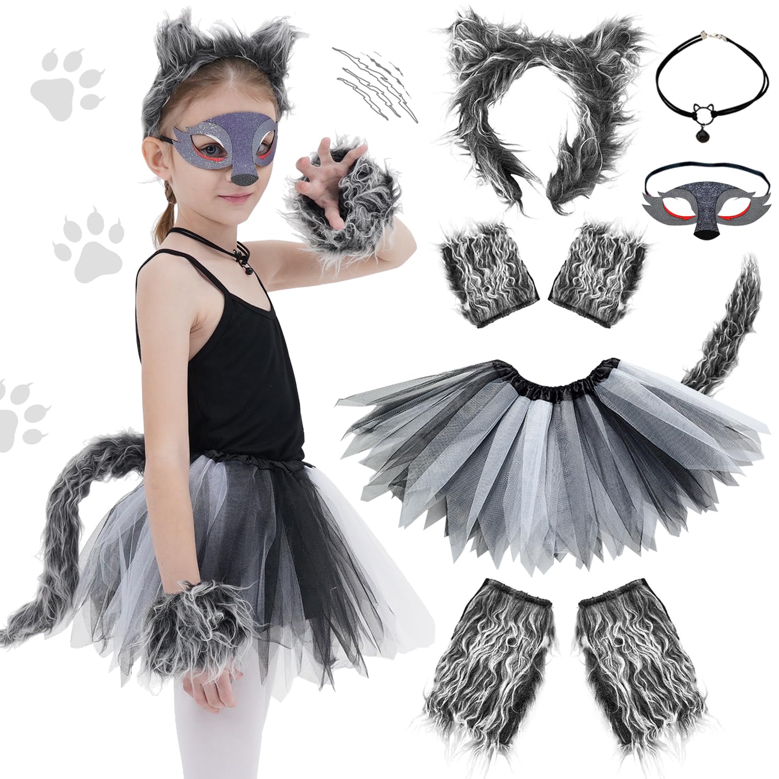FORMIZON Disfraz de Lobo para Niña, Disfraces de Carnaval Niña, Disfraz de Lobo mit Orejas de Lobo y Cola, Disfraz Niña Tutú Blanco y negro, Disfraz De Animal para Carnaval Festival Fiesta Cosplay
