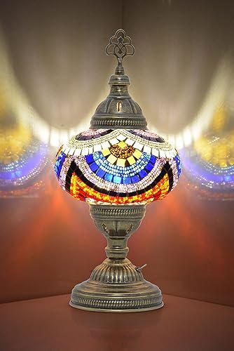 mozaist Lámpara turca a pilas con luz LED incorporada, lámpara de mesa de mosaico inalámbrica, pantalla de lámpara vintage de vidrio decorativo