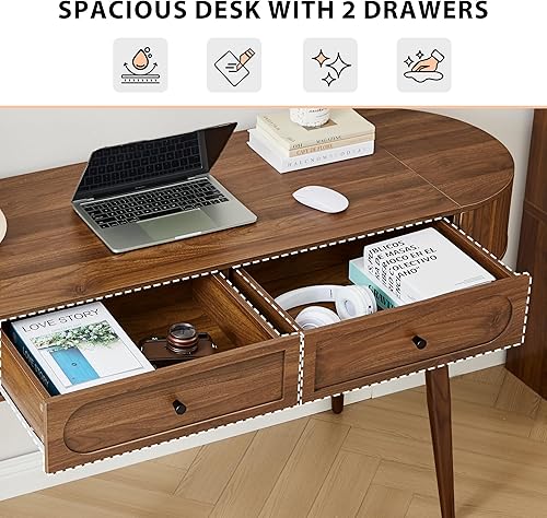 Miniatura 5 de Mid-Century - Escritorio de madera de 59 pulgadas, escritorio de oficina en casa para computadora portátil con 2 espacios de almacenamiento