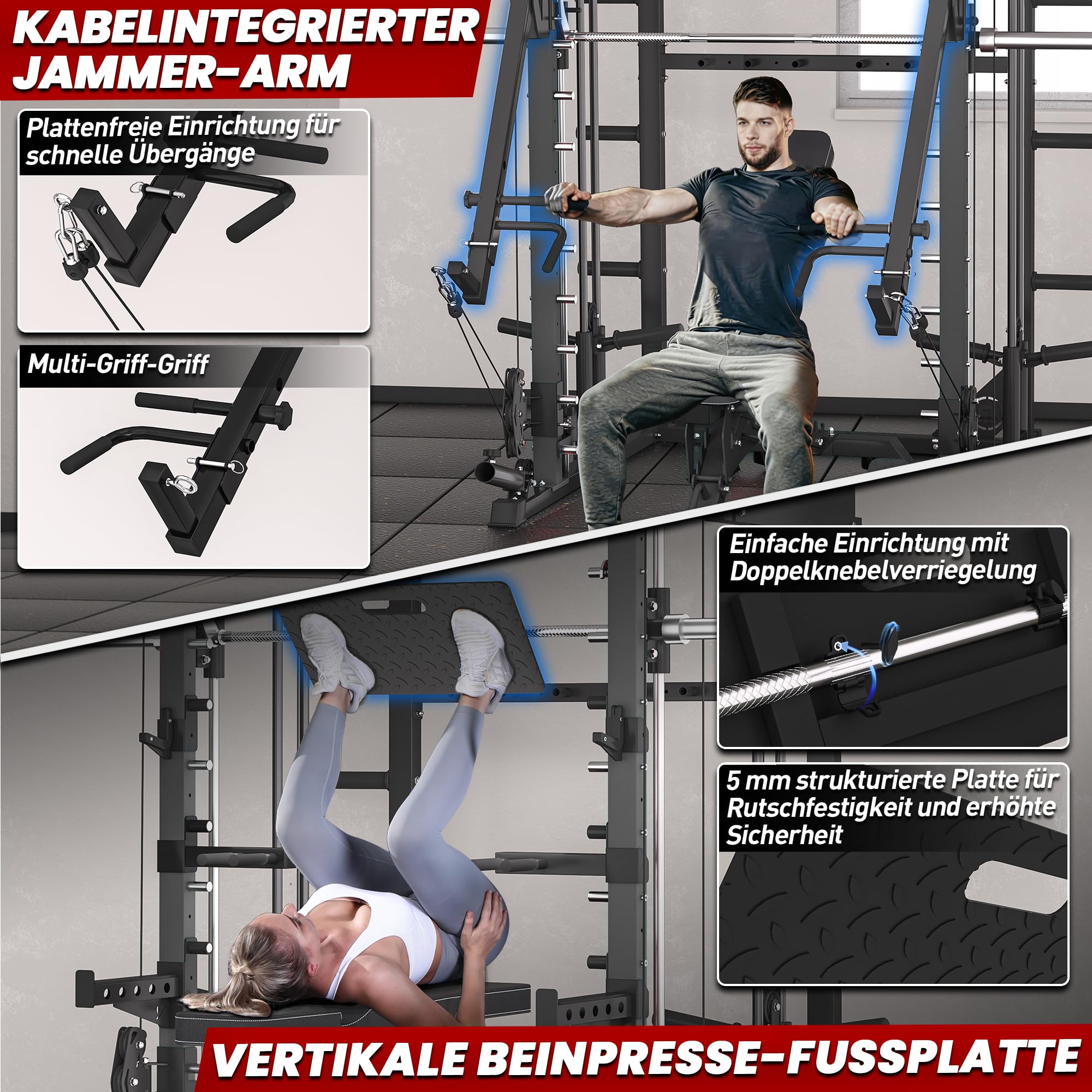 Smith Machine mit Jammer Arms, Beinpresse-Board und Bank – RitKeep PMAX-4750, duales scheibenbeladenes Fitnessgerät mit einstellbarem 1:1- & 2:1-Flaschenzugsystem