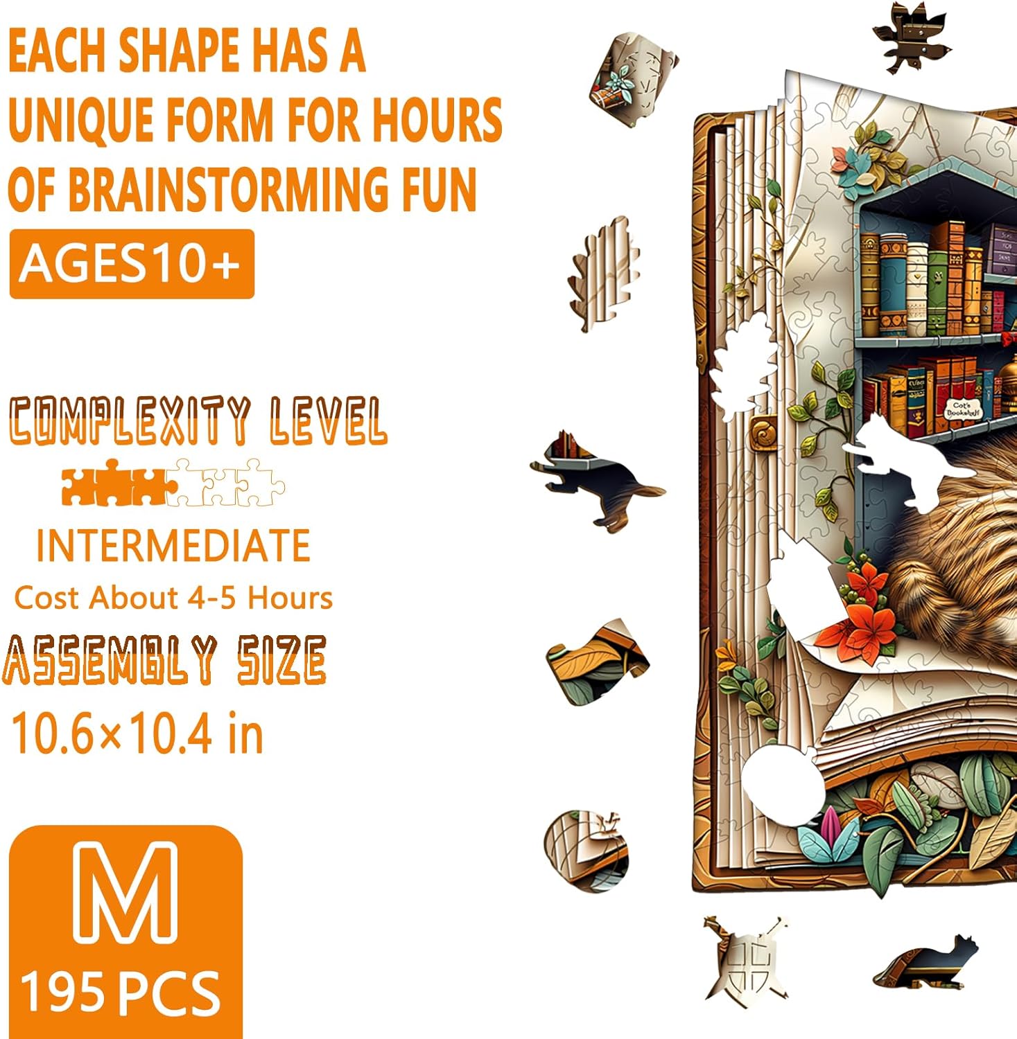 Wooden Puzzles for Adults - Cat in The Book Wooden Puzzle, Unique Shape Wood Jigsaw Puzzle for Adults, Wood Puzzles Adult, Gifts for Family, Wall Art Home Decor (195pcs 10.6 * 10.4in M)