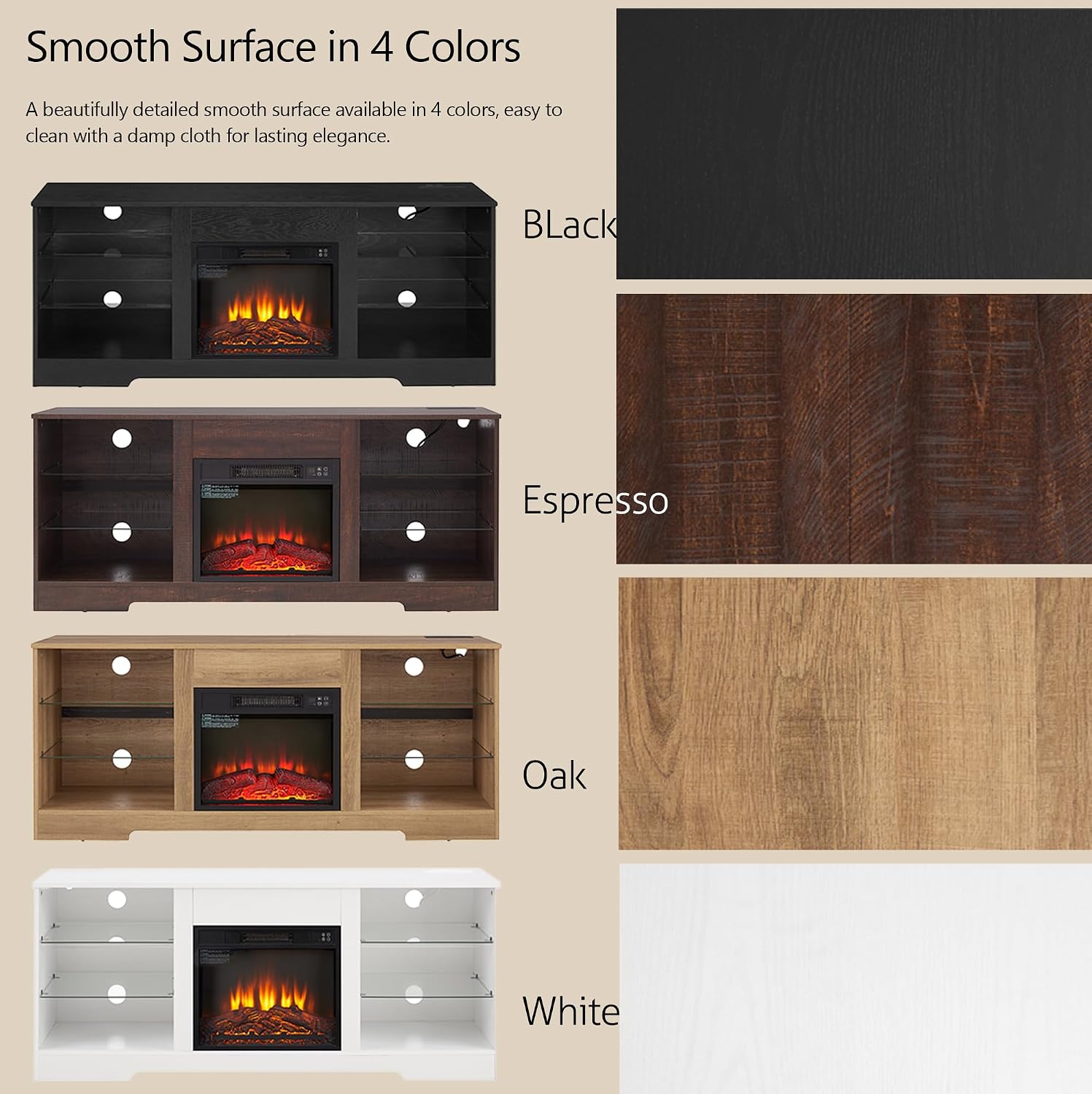 58-inch Electric Fireplace TV Stand with Built-in Heater — Media Console with Storage, Customizable LED Fireplace, Remote, Outlets & USB