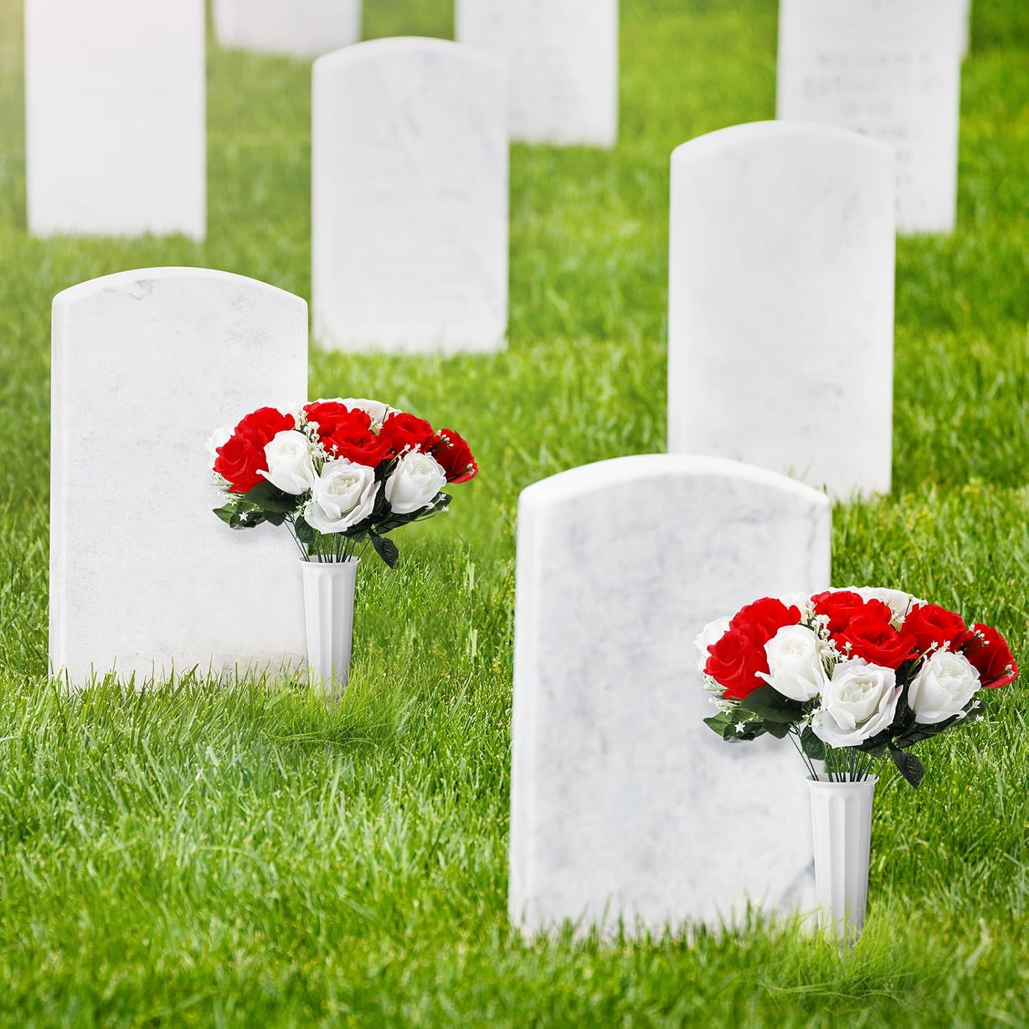 Hotop 2 Sets Memorial Day Flowers for Cemetery Artificial Cemetery Flowers for Grave Funeral Patriotic Arrangements Bouquet Decoration with Vase(Red and White)