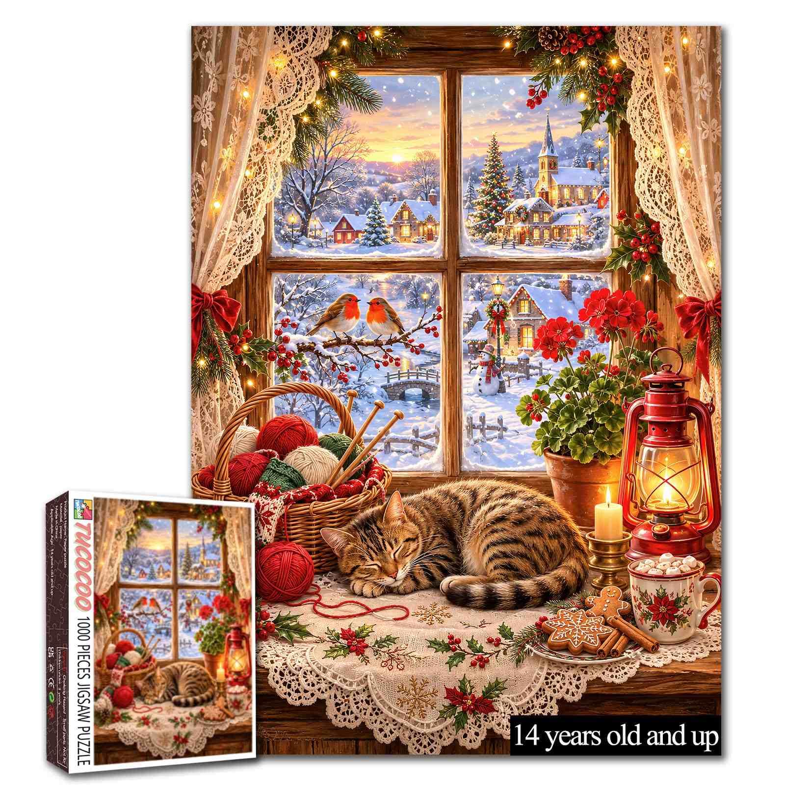 Christmas window,Cozy Winter,Sleeping Cat puzzles for adults 1000 pieces โ image 1