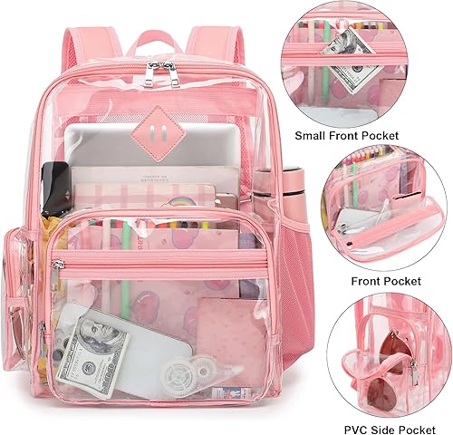 Miniatura 2 de Fuyicat Mochila transparente resistente para niñas, niños, mujeres y hombres, mochila escolar transparente de PVC transparente, Rosado