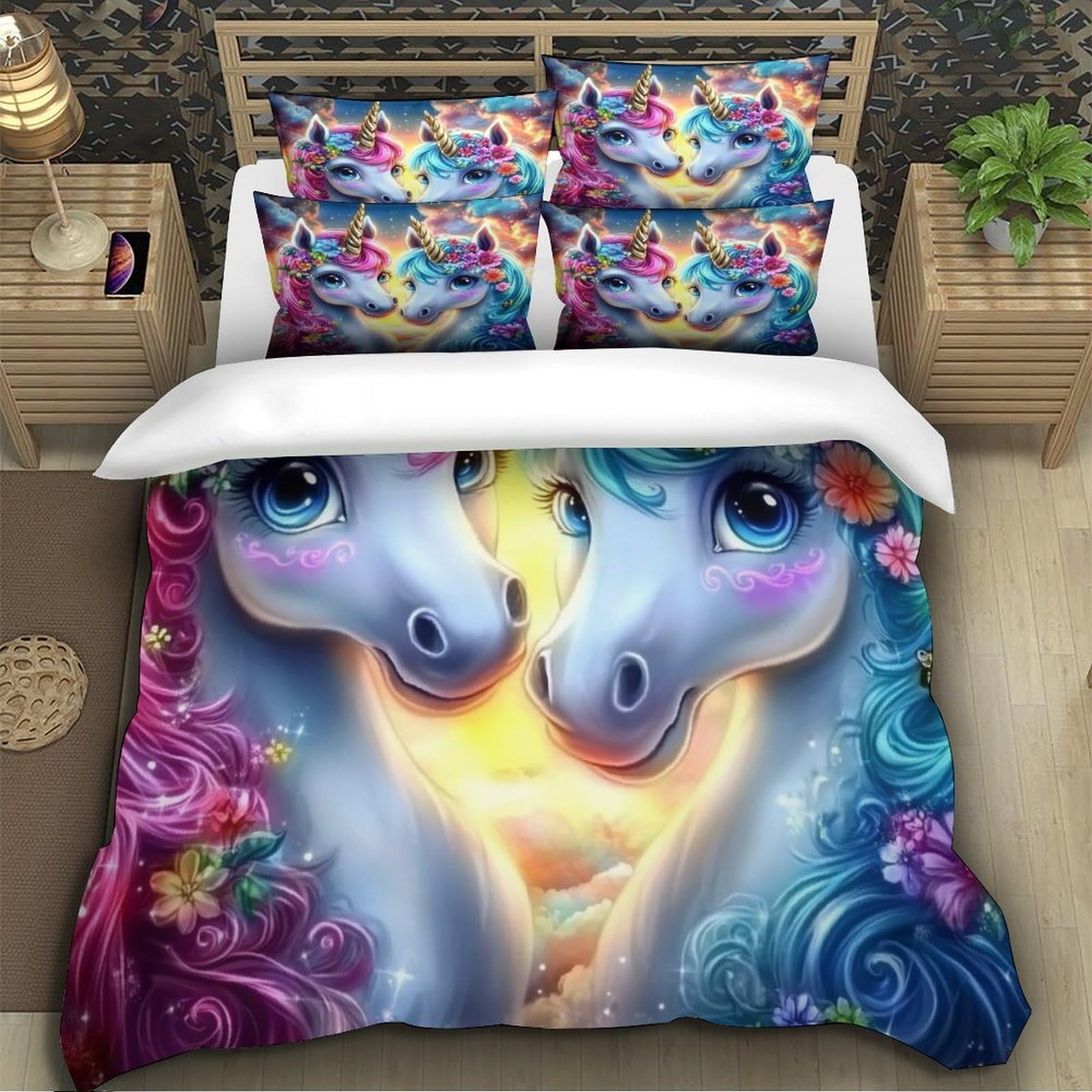 Einhorn-Pärchen 3D Bedruckt Deckenbezug 3teilig Mikrofaser leichtgewichtig Fantasie Deckenbezug 2 Kissenbezüge fleckenfest Kinder Jugendliche Super King（260x220cm）