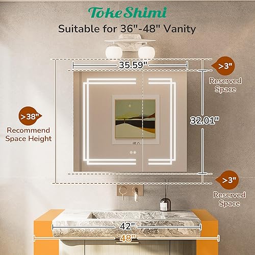 Miniatura 3 de TokeShimi Botiquín de baño de 36 x 32 pulgadas con espejo LED, gabinete de baño iluminado con atenuación continua de 3 colores, CRI 80+, antivaho y