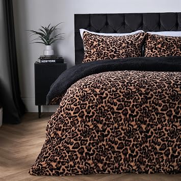 OHS Fleece Duvet Cover Double, Leopard Print Autumn Winter Bedding Set Ultra Soft Warm Cosy Sherpa Reversible Double Duvet Set with Matching Pillowcases, Natural