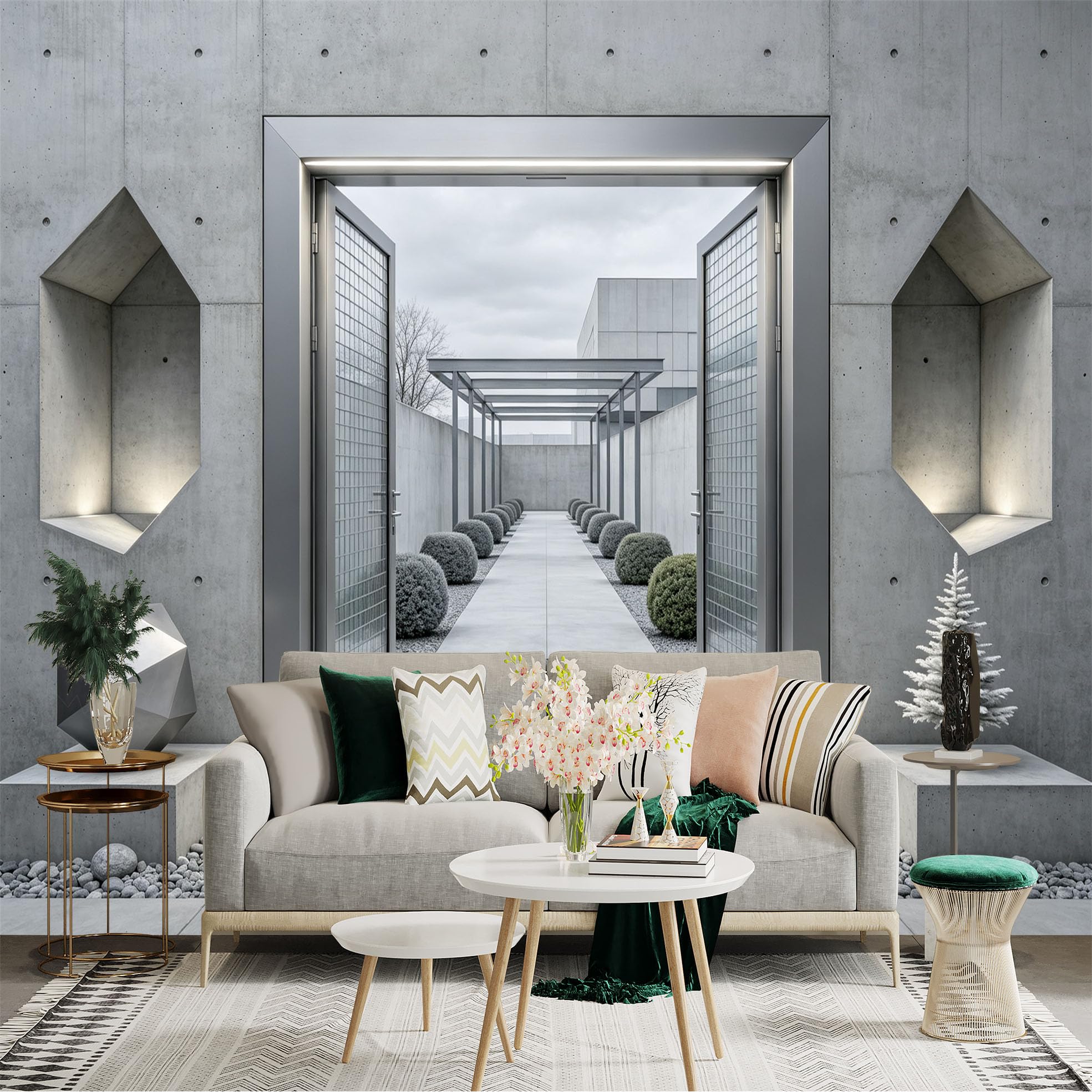 Custom Size Wall Sticker Mural， Modern Concrete Courtyard with Open Doorway and Geometric Decor， for wall Decoration， peelandstick wall Decals.