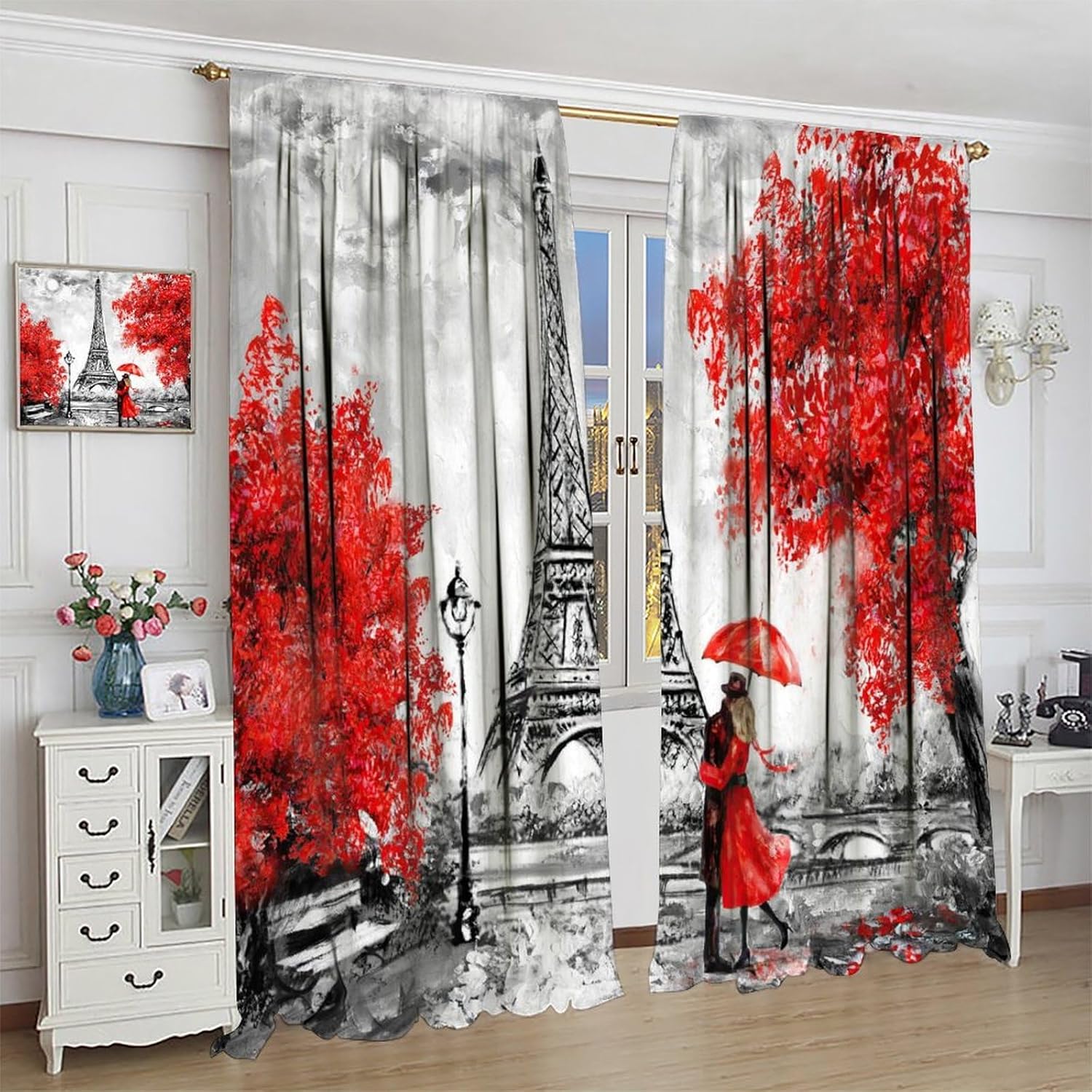 Paris Eiffel Tower Blackout Curtains, Oil Painting Art European Cityscape Eiffel Tower Red Trees Couple Under Umbrella On Street, for Bedroom Living Room 21(W)*45(L) 2 Panels