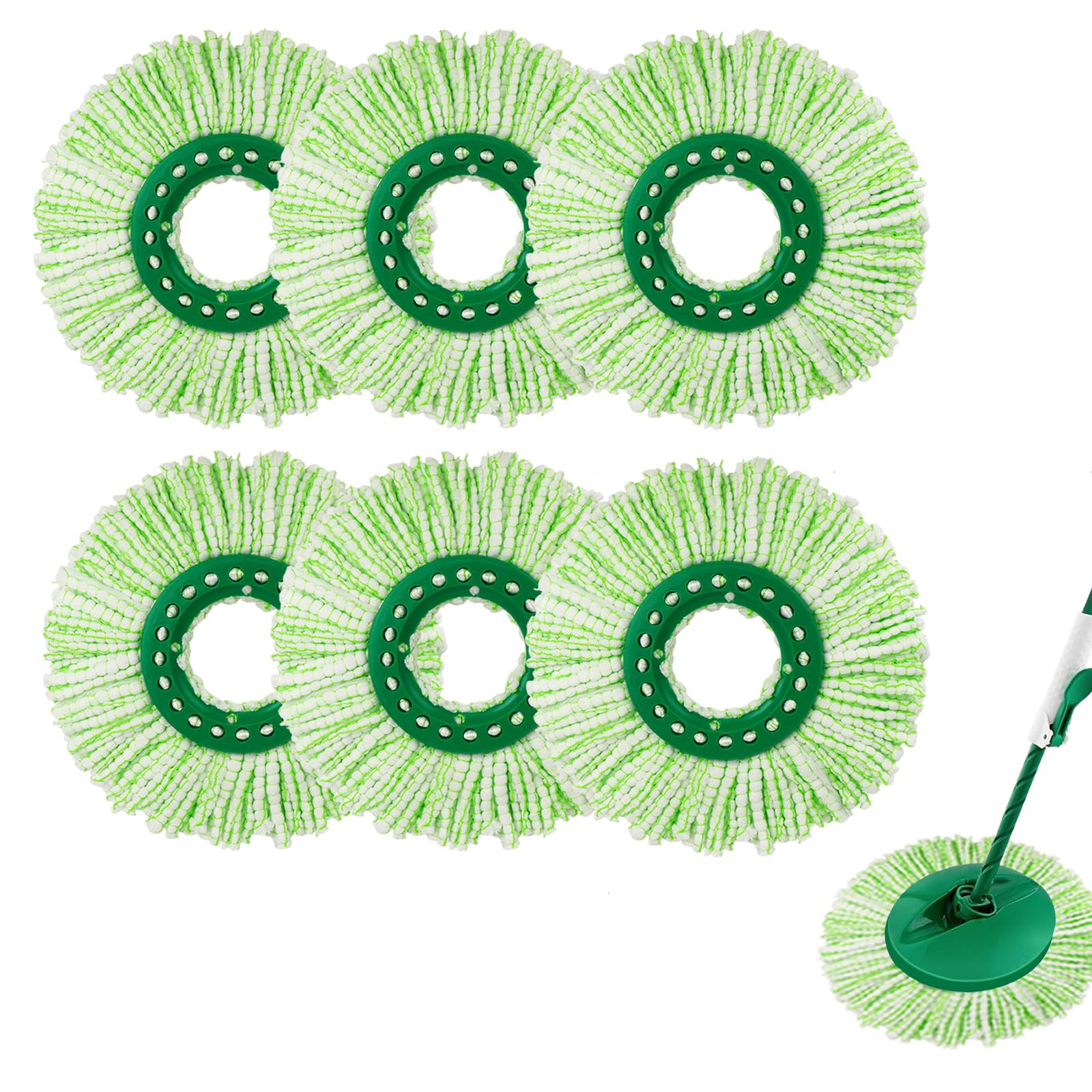 Paquete de 6 cabezales de repuesto para fregona Libman Tornado, sistema de fregona giratoria, cabezal de repuesto de microfibra lavable a máquina, fácil de reemplazar (verde y blanco)