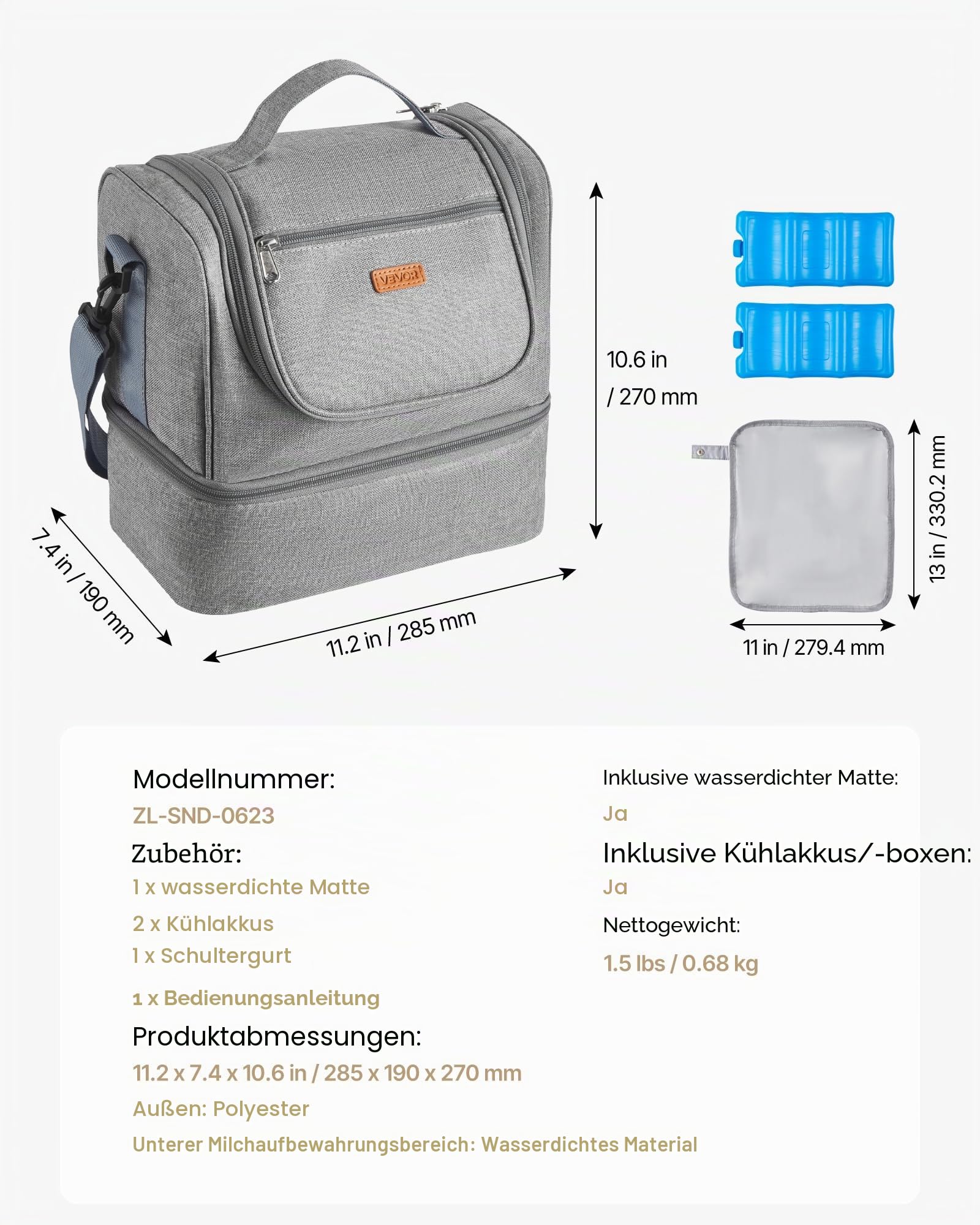 VEVOR Tragbare Milchpumpentasche 285x190x270 mm, Tragetasche für Milschpumpe mit Kühlakku, passend für S1/S2, Pumpzubehör & Muttermilchaufbewahrung, für Arbeit, Reisen und Familiengebrauch, grau