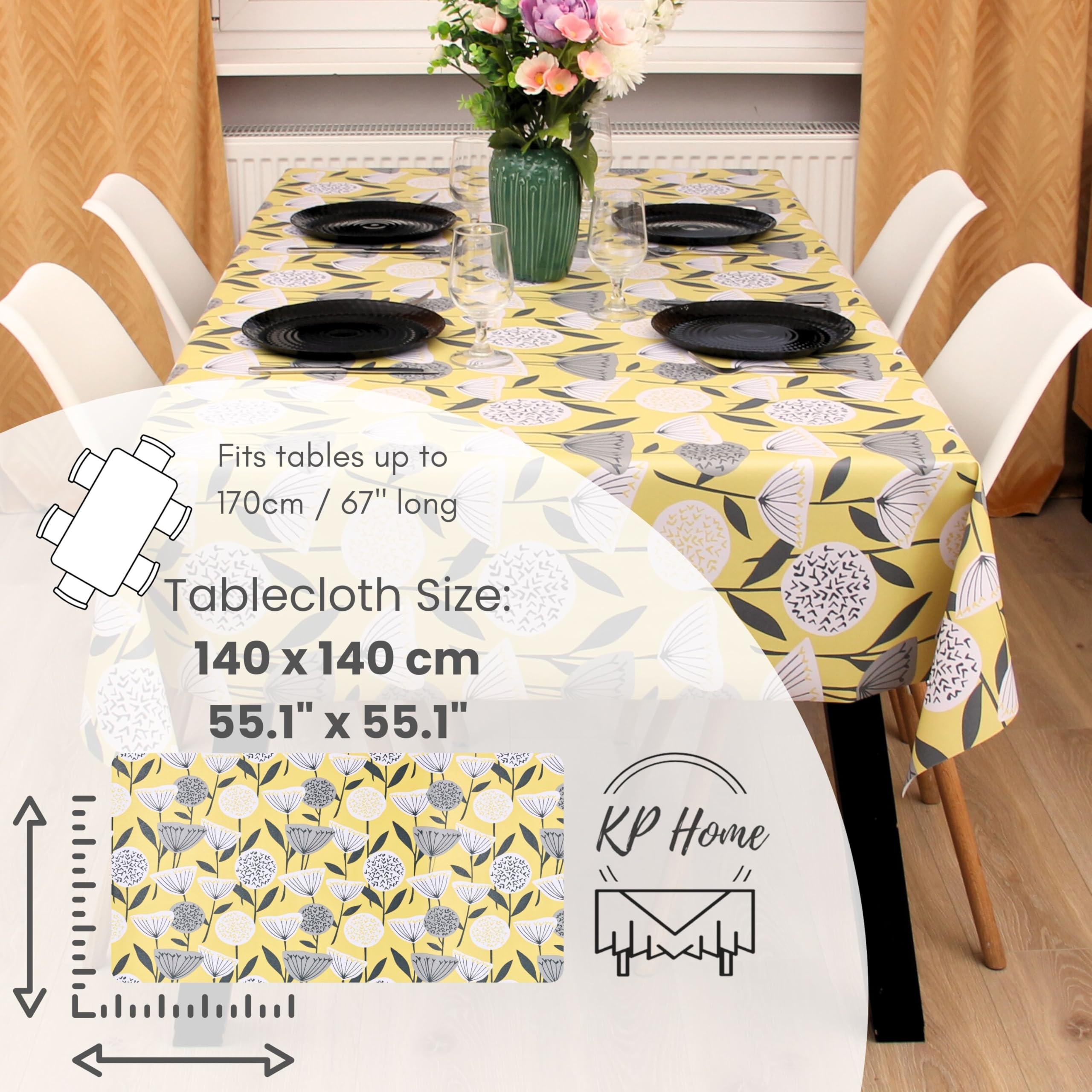 KP HOME Yellow PVC Tablecloth Wipeable Square 55.1"x 55.1" -140x140cm Floral Plastic Table Cover with Shimmer Effect Table Waterproof Table Cloth Wipe Clean Protector With Large Grey Flowers Oilcloth - Image 4