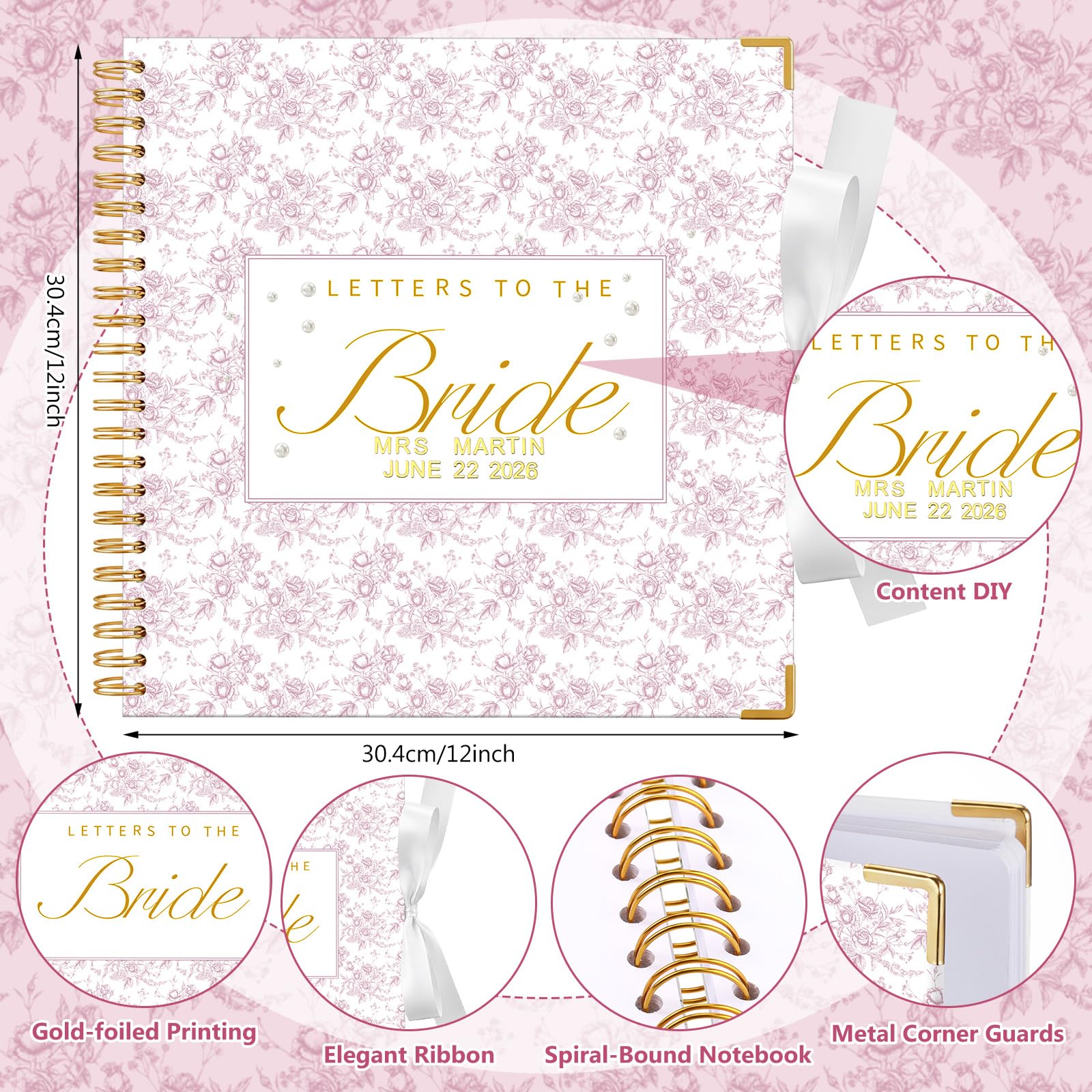 Humyoun Libro de invitados de boda con letras a la novia, álbum de recuerdos de boda, álbum de recortes, álbum de fotos, letrero de invitados con calcomanías de perlas (12 x 12 pulgadas, floral, rosa)