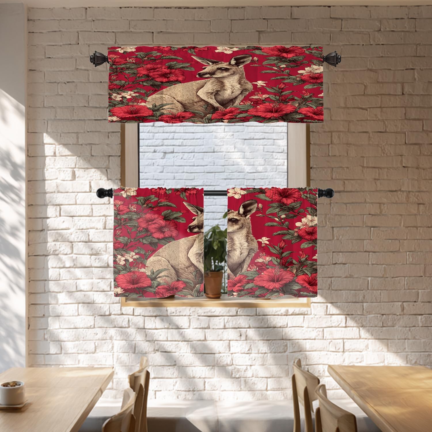 Batmerry Cute Kangaroo Thermal Insulated Valances for Windows,Kangaroo Among Red Hibiscus Kitchen Curtains and Valances Set Blackout Short Valance for Bathroom, 2 Pack 52X18 Inches