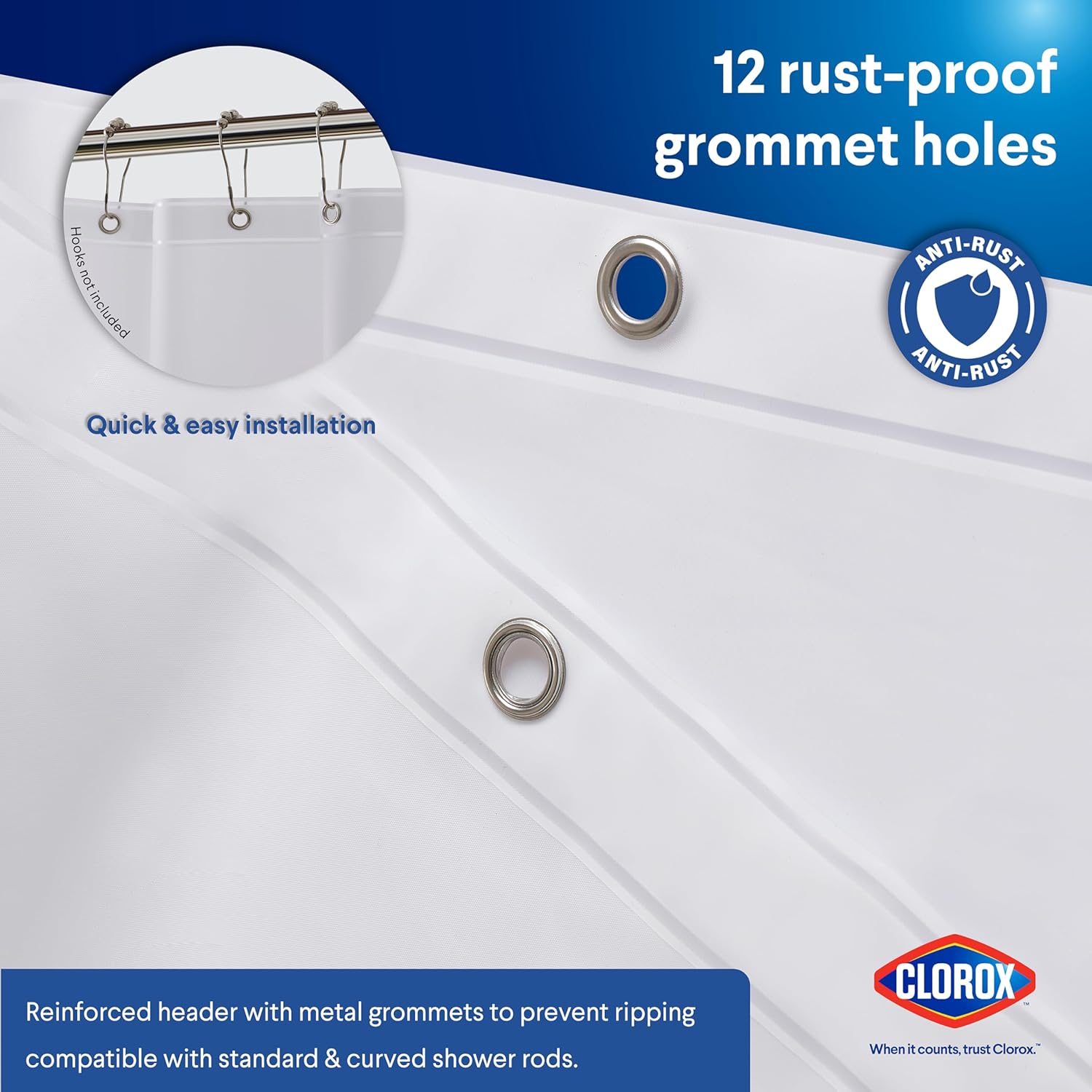 Clorox Shower Curtain Liner, Premium Medium-Weight Durable Waterproof 6g PEVA for Bathroom with Weighted Magnets, Standard Size 72" x 72", Frosty 2 Pack