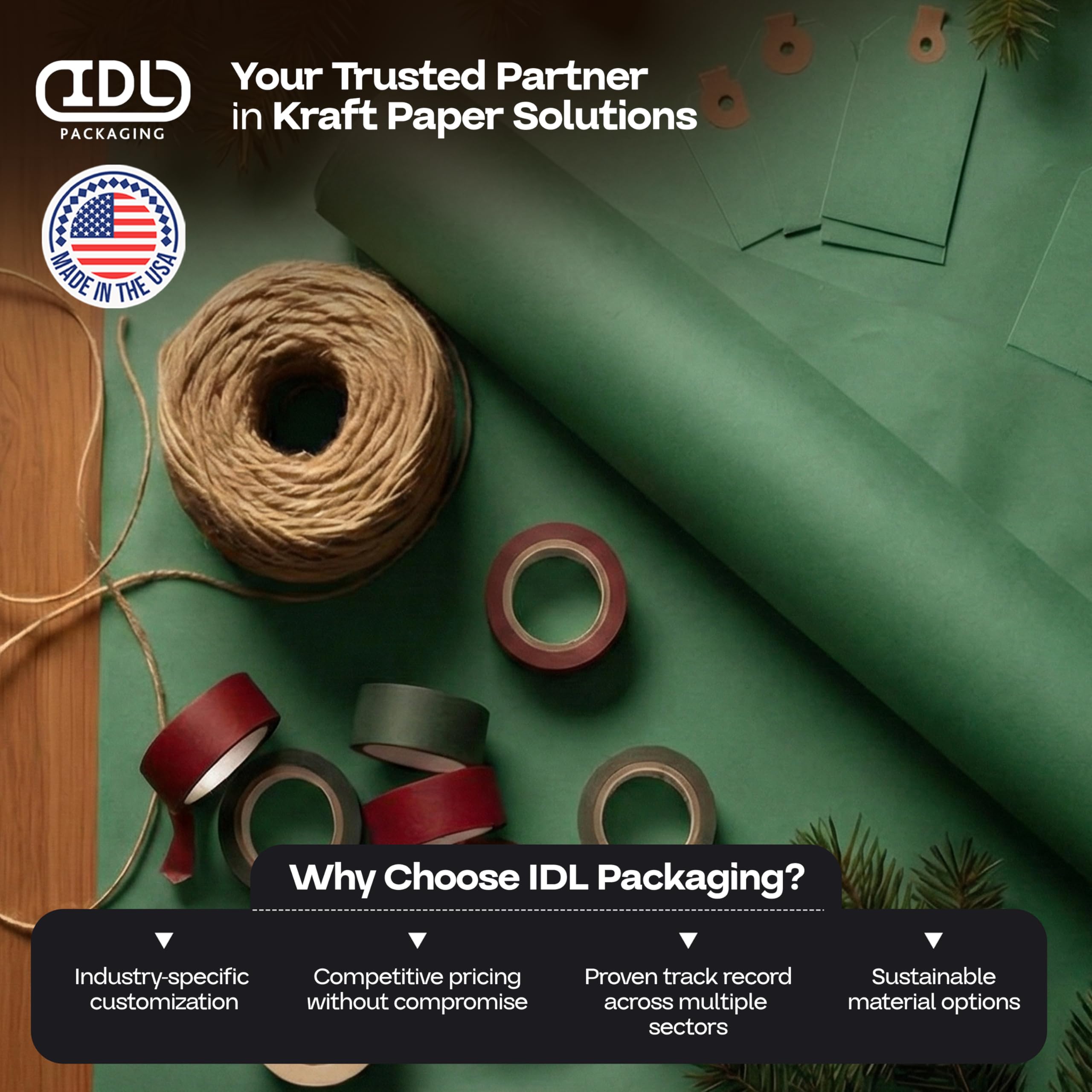 Kraftpapierrollen, 91,4 x 3048 cm, Grün, 4 Stück, hergestellt in den USA für Geschenkverpackungen, Kinderkunst und Handwerk, Schulprojekte, natürliches Material, 22,7 kg Stärke IDL Packaging
