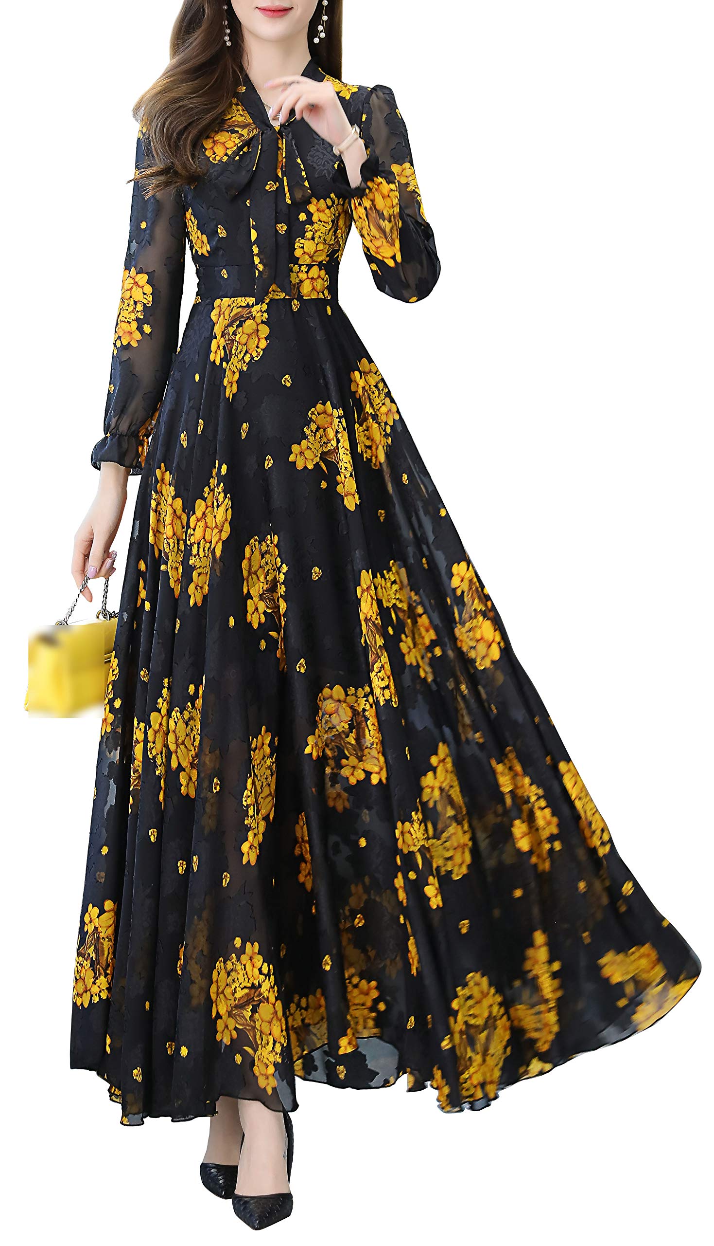 LAI MENG FIVE CATS Women Elegant Tie Neck Allover Floral Ruffled Lantern Sleeve Flowy Maxi Dress