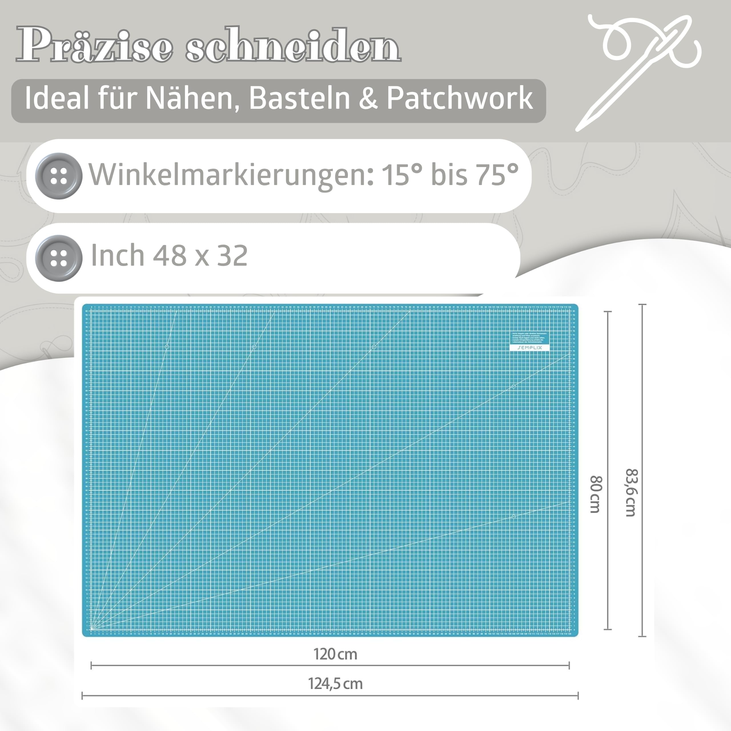 SEMPLIX Schneidematte A0 selbstheilend 120 x 80 cm Patchwork Basteln (Türkis-Petrol)