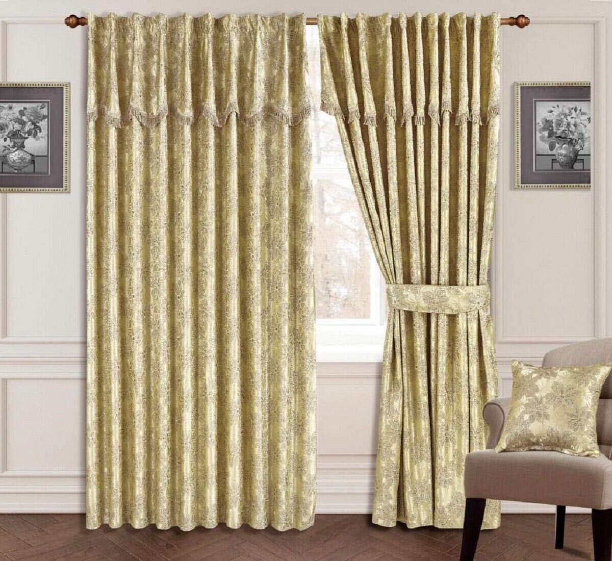 Householdfurnishing Curtains Glitter Jacquard Fully Lined With Pelmet Tiebacks (Gold, 90x72)