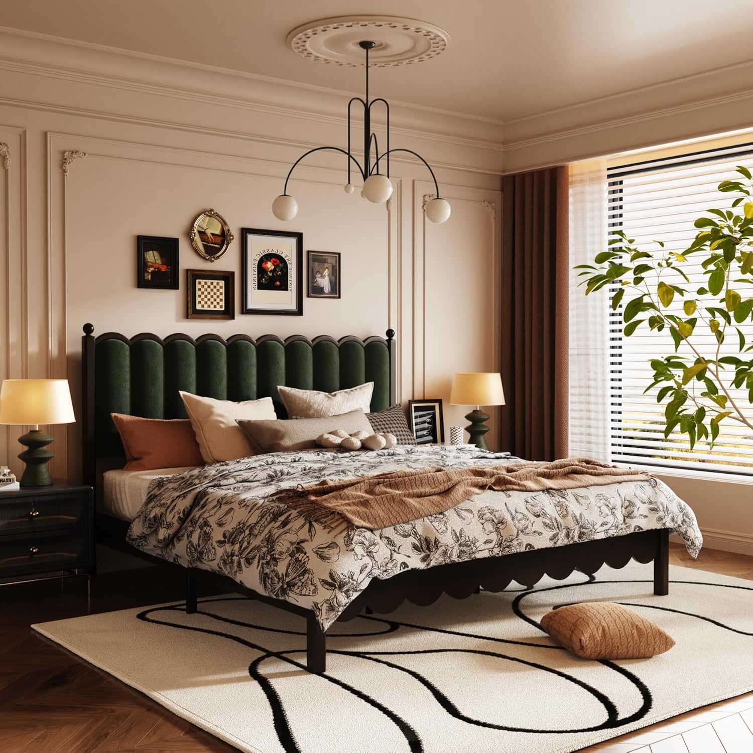 Wooden King Size Bed Frame, Velvet Platform Bed with Tall