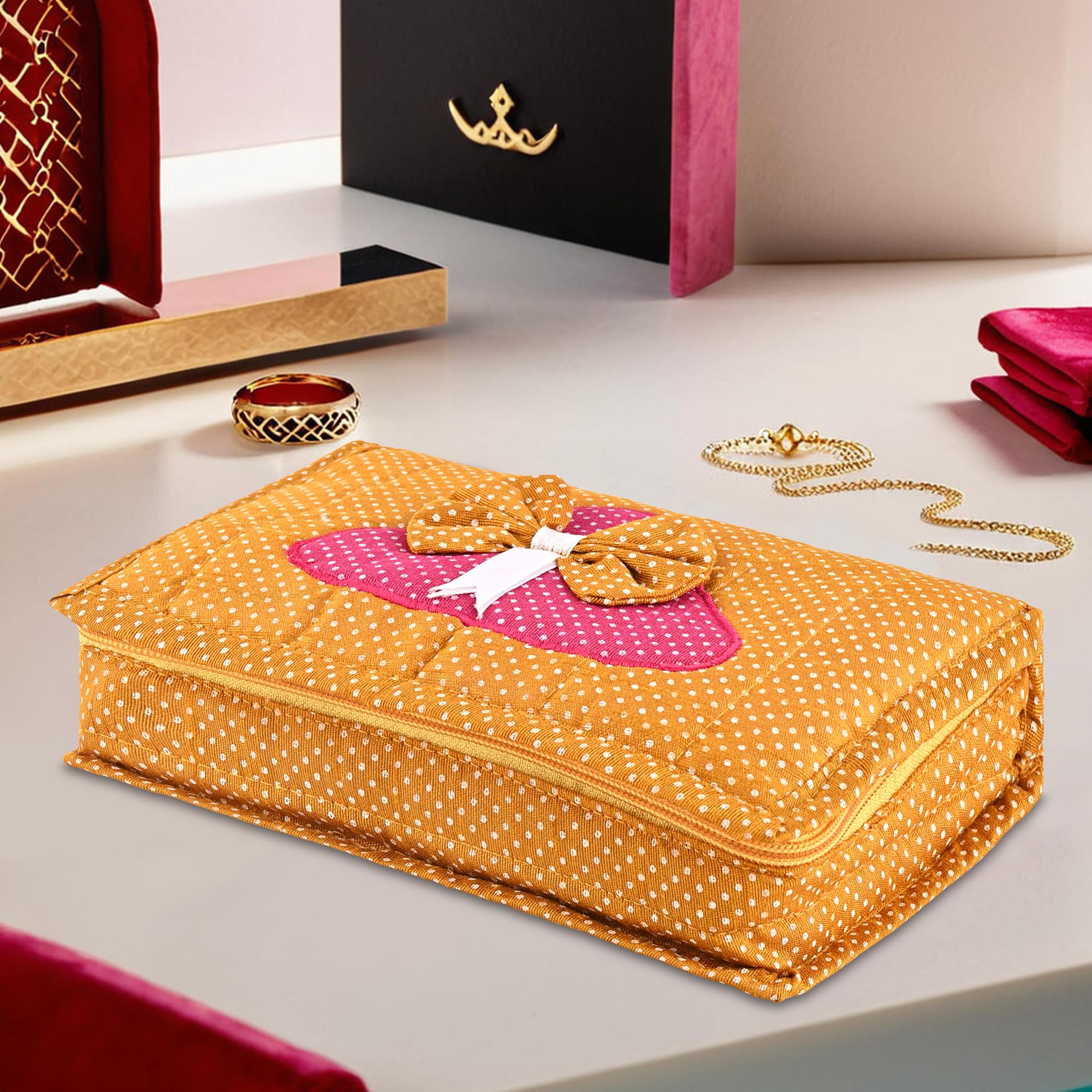 Kuber Industries Cotton Large Makeup Pouch Bag with 7 Compartments | Jewellery Organisers Pouch for Storage Earrings, Rings and Bracelets | Dot Bow Design - Golden