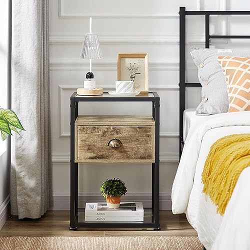 Miniatura 3 de VECELO Mesita de noche moderna, mesita de noche con cajón, mesita de noche para sala de estar, dormitorio, templada, gris + cristal