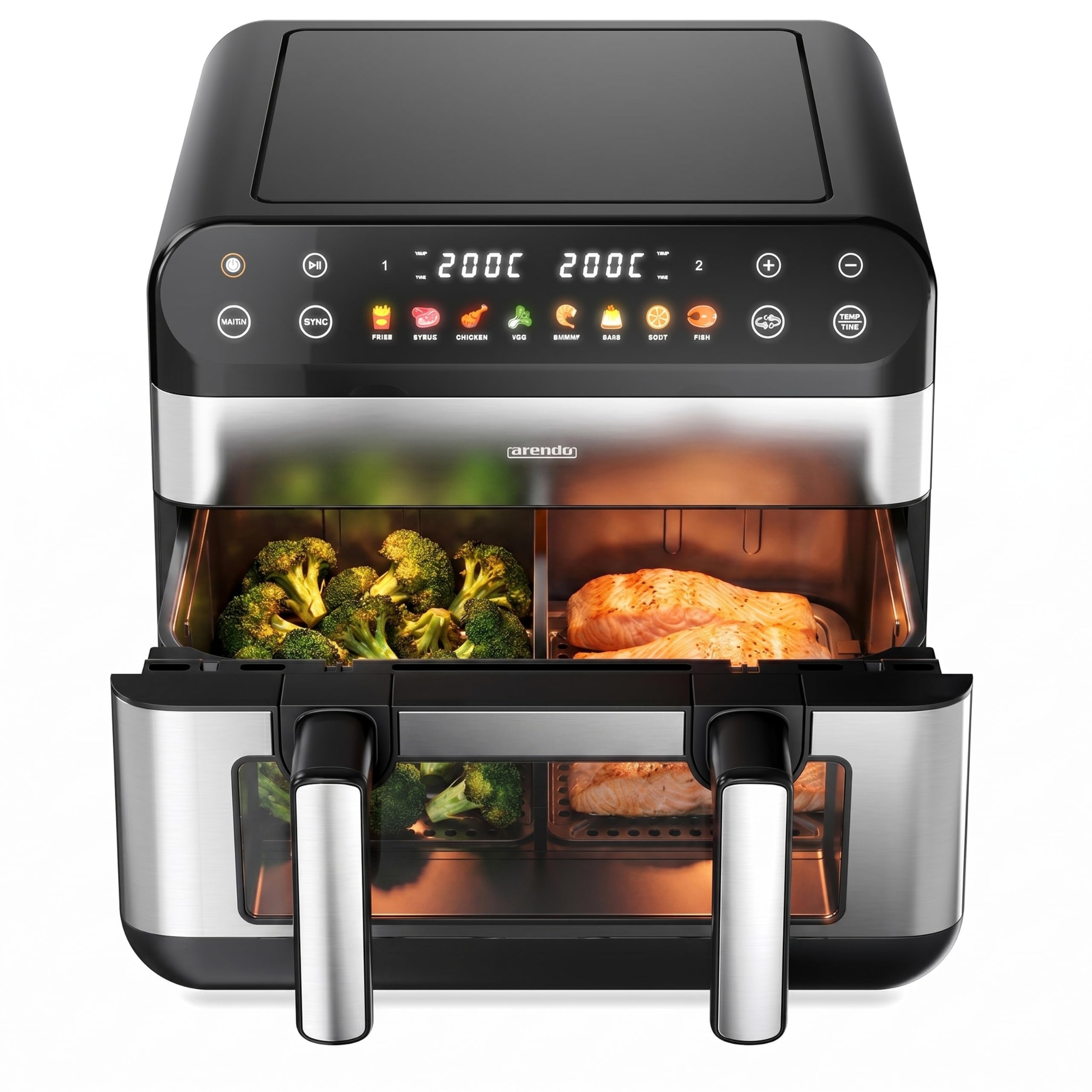 Arendo - Heißluftfritteuse XXL 10 Liter - 2 Kammern / 1 Kammer Match Funktion - extra Groß - Backofen Umluft - Grill - Dörrautomat - Air Fryer - Fritteuse ohne Öl - Pizza Hähnchen Pommes