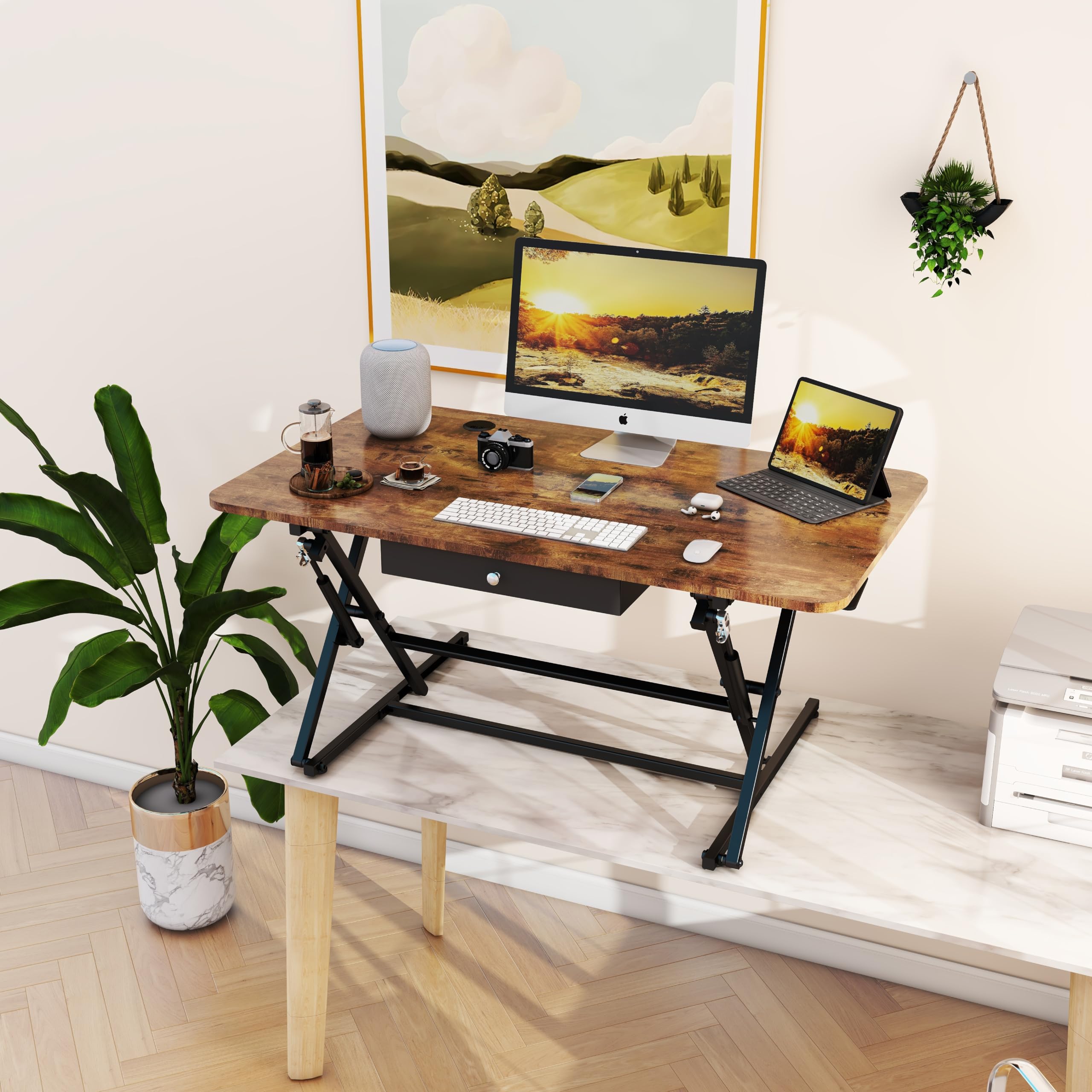 Standing Desk Converter, 42 x 24 Inches Height Adjustable Sit Stand Desk Riser for Dual Monitors with Drawer, Rustic Brown