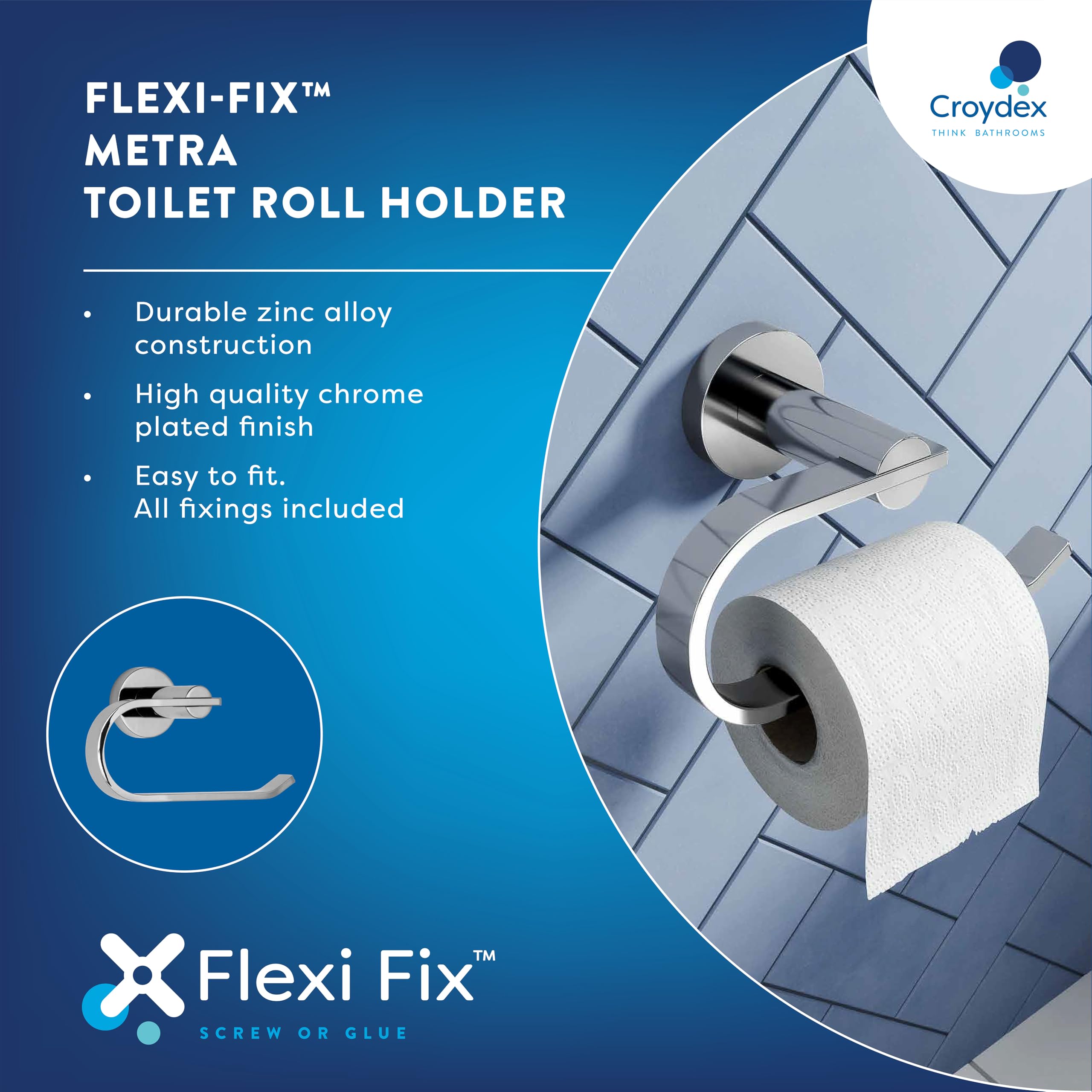 Croydex Toilettenpapierhalter Aus Zinklegierung – Chrom-Finish, Flexi-Fix Montage | Ohne Bohren, Mit Schrauben Oder Kleber