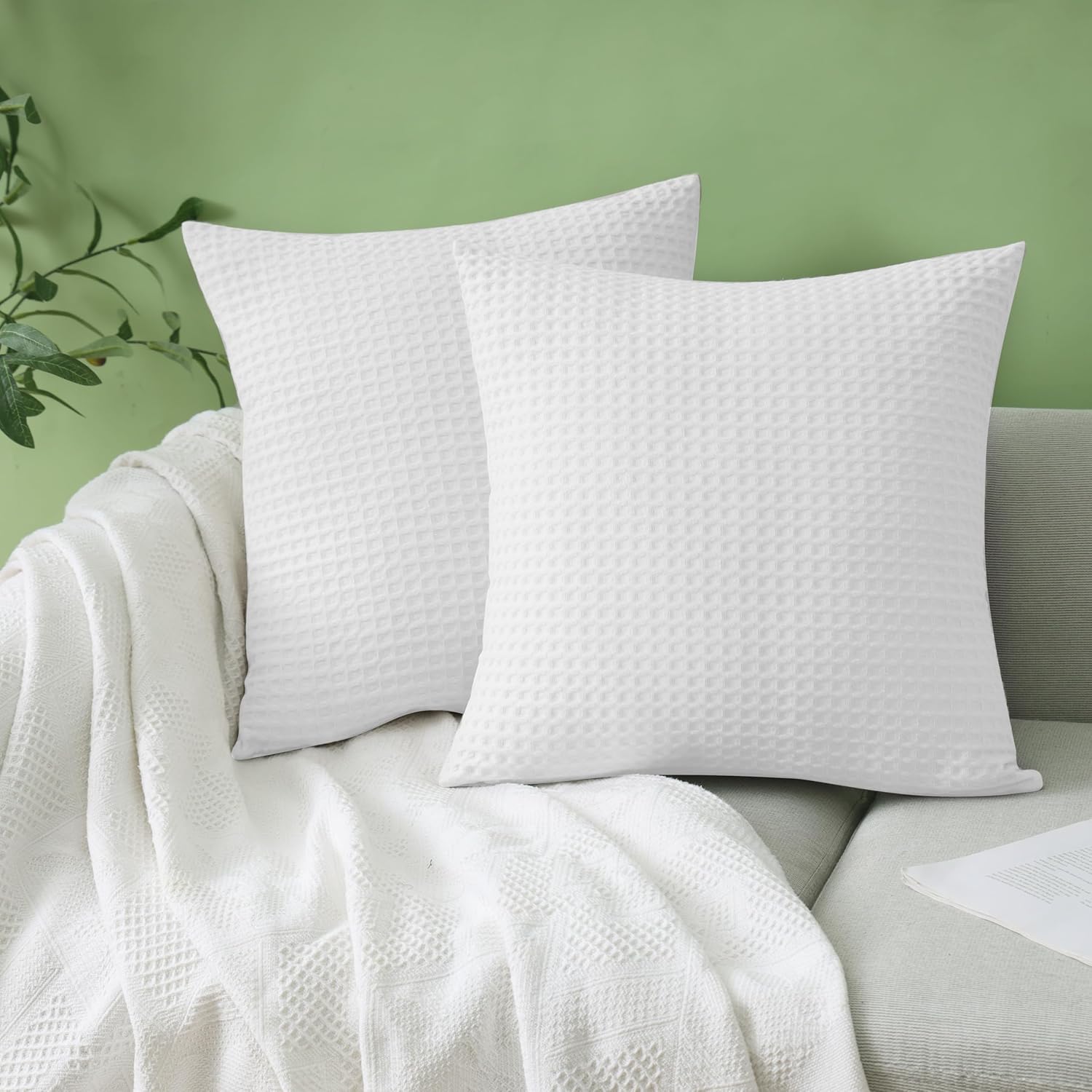 100% Egyptian Cotton 600 TC Waffle Weave Throw Pillow Covers 2 Pack, Ultra Soft Breathable Euro Pillow Shams Covers, Decorative Cushion Covers for Bed Couch Sofa Car, No Insert, White, 26" x 26" - Image 4