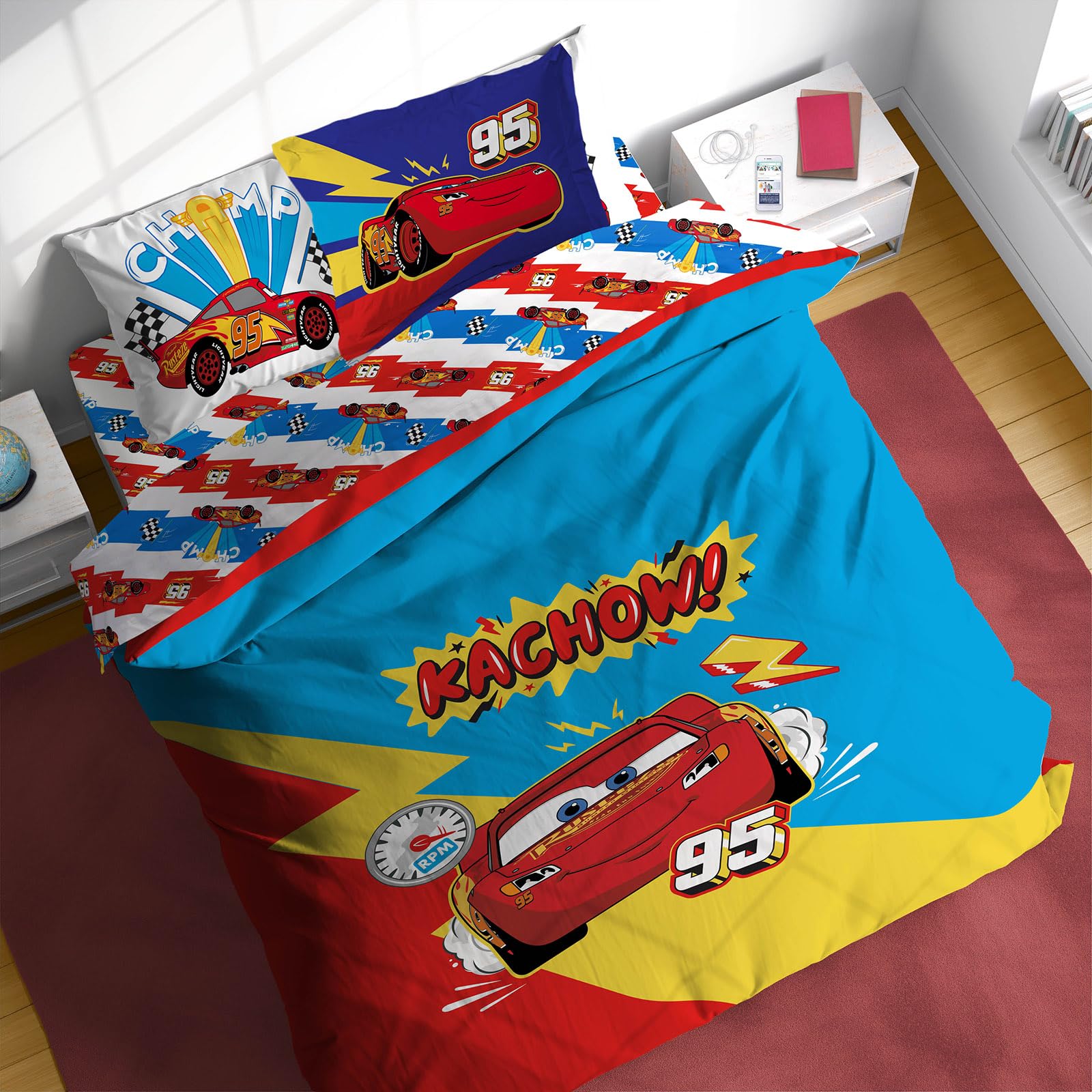 disney pixar cars lightning mcqueen full comforter set - 7 piece kids bedding includes comforter, sheets & pillow cover - super soft racecar microfiber bed set