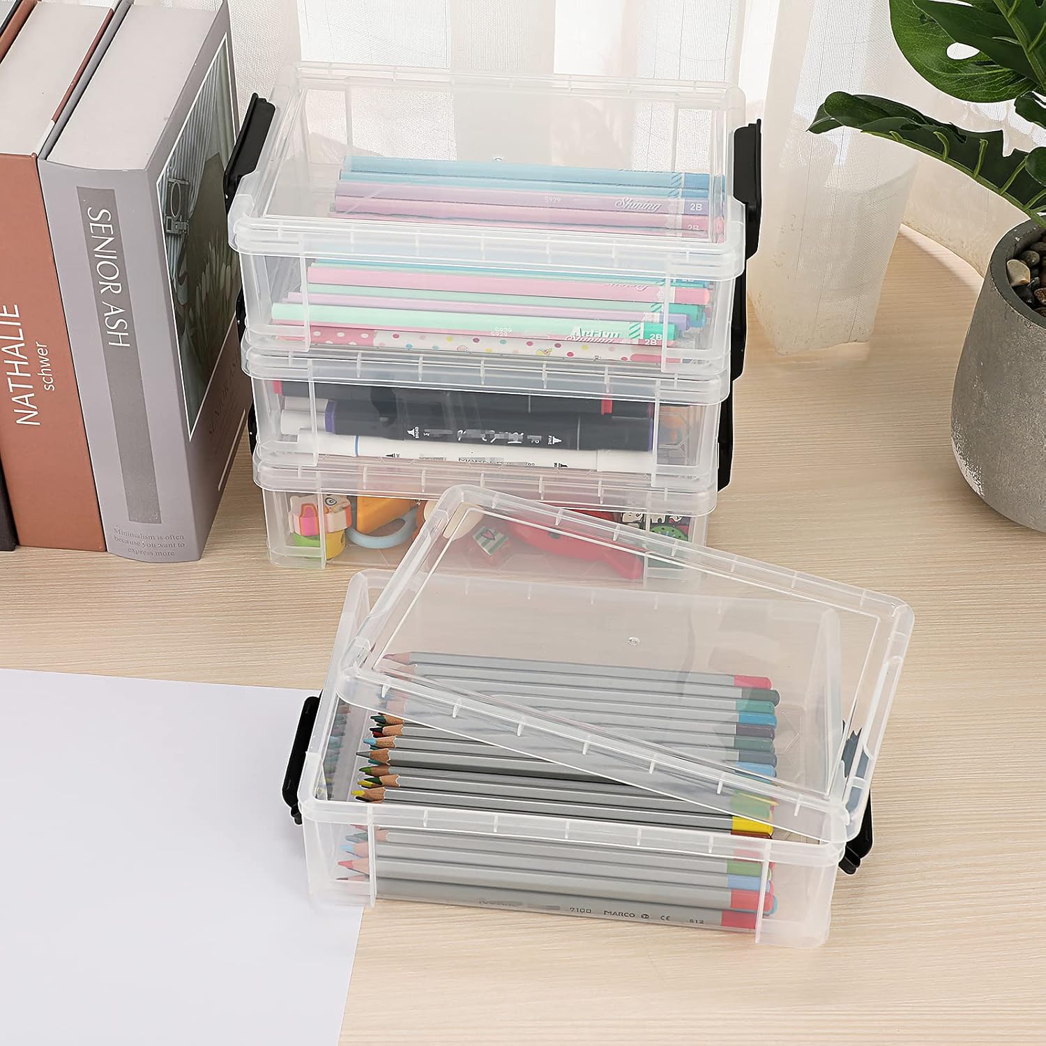 BTSKY 4 Pack Extra Large Plastic Pencil Box Stackable Translucent Clear Pencil Caase Crayon Box Set, Marker Organizer Art Supply Storage Organizer for Gel Pens Pencils Erasers Tape Markers etc(Black)