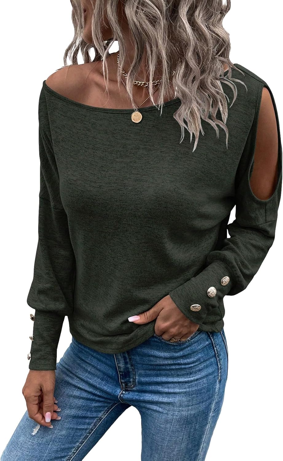 SweatyRocks Women's Cut Out Lantern Long Sleeve Tee Top Off Shoulder Plain Casual Holiday Spring Autumn Shirts