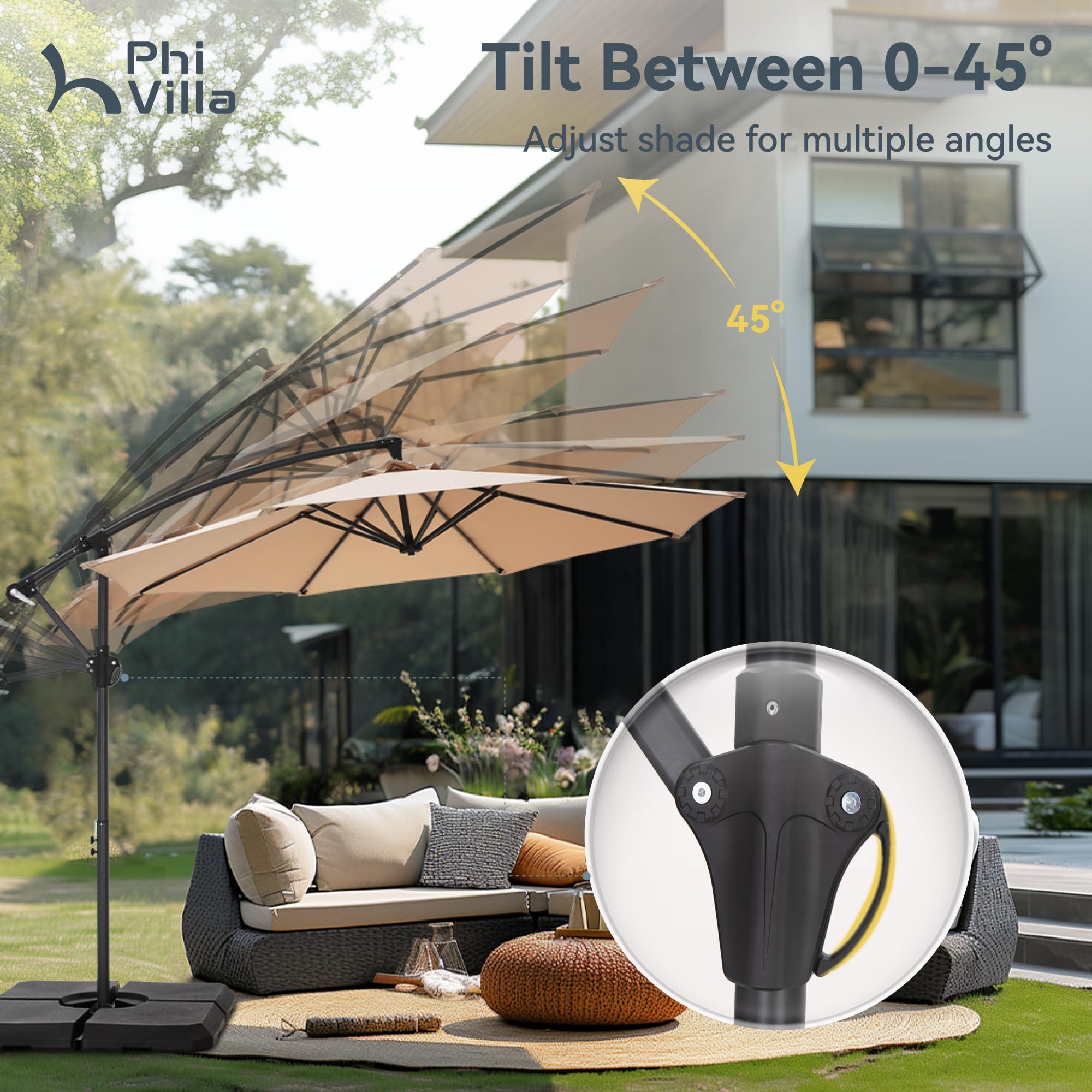 PHI VILLA 10ft Offset Patio Umbrellas, Outdoor Market Hanging Umbrella with 8 Ribs & Cross Base(No Weight), for Deck Pool Porch Backyard, Beige