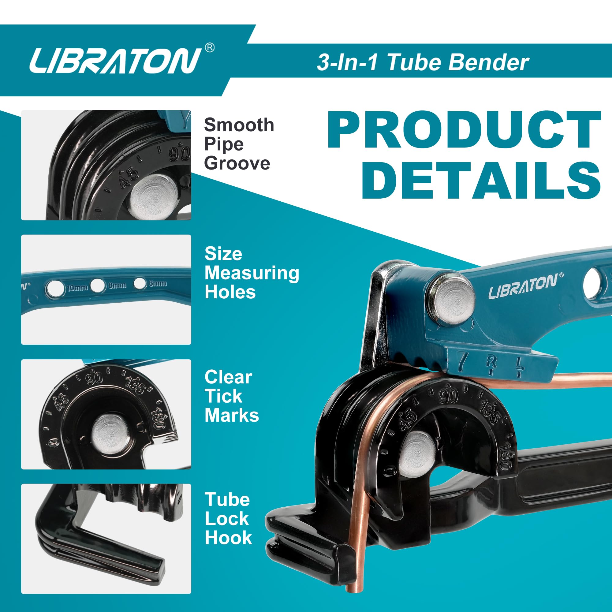 Libraton Piegatubi Manuale, Piegatubi Rame 180 Gradi, Curvatubi Manuale per Tubi in Rame 6mm 8mm 10mm, Piegatrice per Tubi in Rame, Ottone, Alluminio e Acciaio Sottile