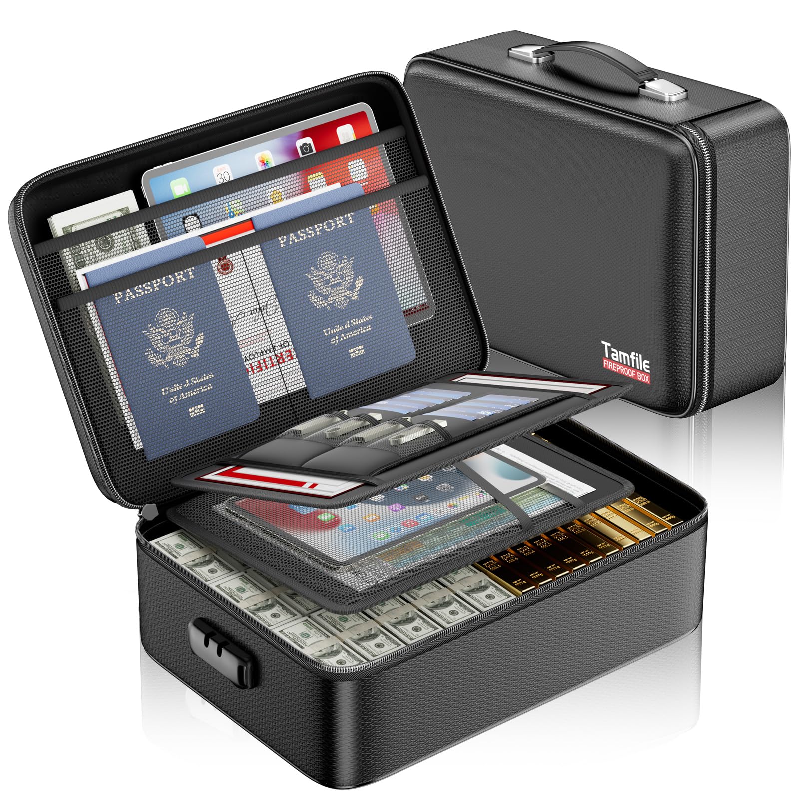 Tamfile Fireproof Document Box, Hard Case File Organiser with Lock, Black
