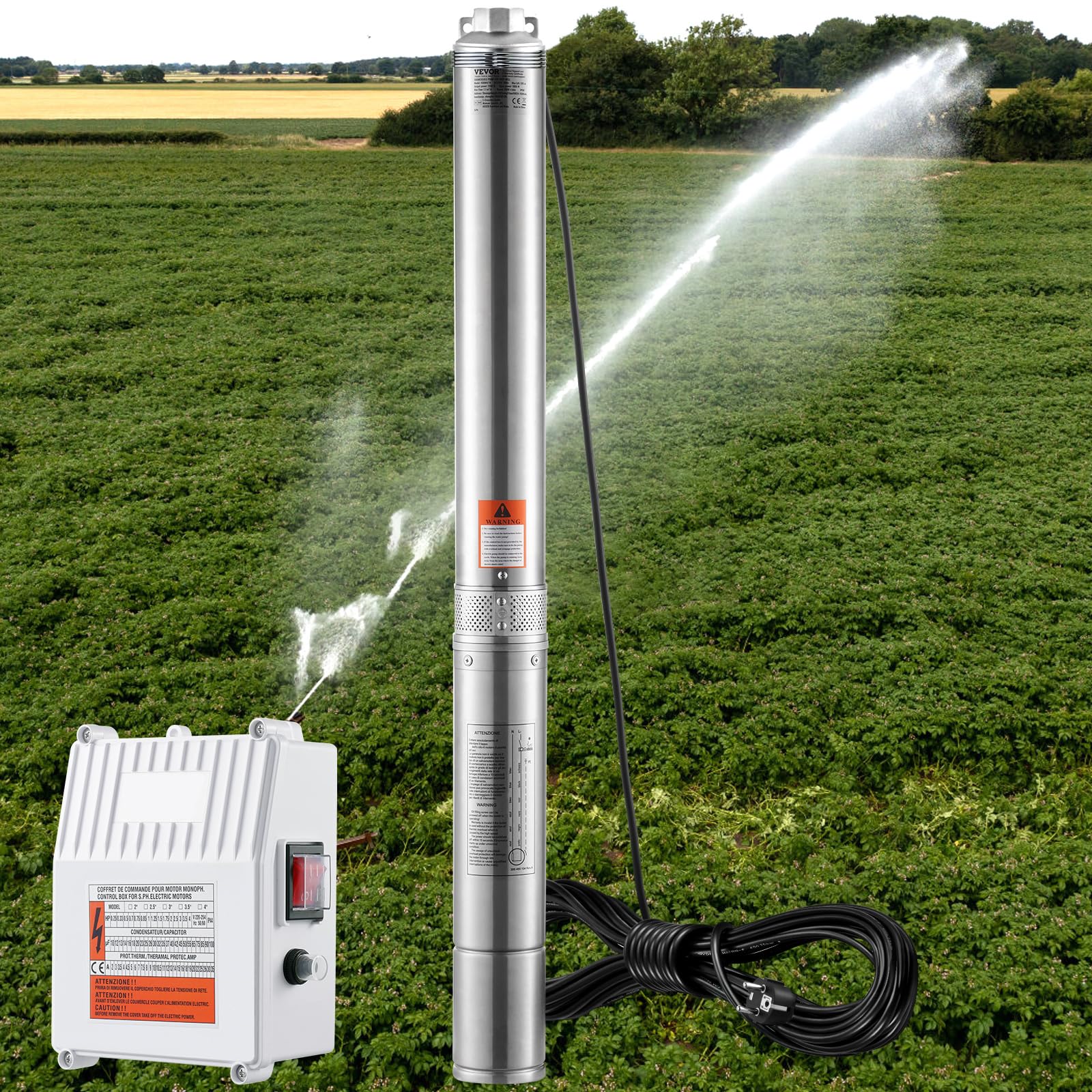 VEVOR Pompa Sommergibile per Pozzi Profondi, IP68 1500 W 230 V 60 Hz, Massima Portata 9,8 m³/h Prevalenza 108 m, Cavo 19,4 m Scatola Controllo, Acciaio Inox per Irrigazione Industriale Uso Domestico