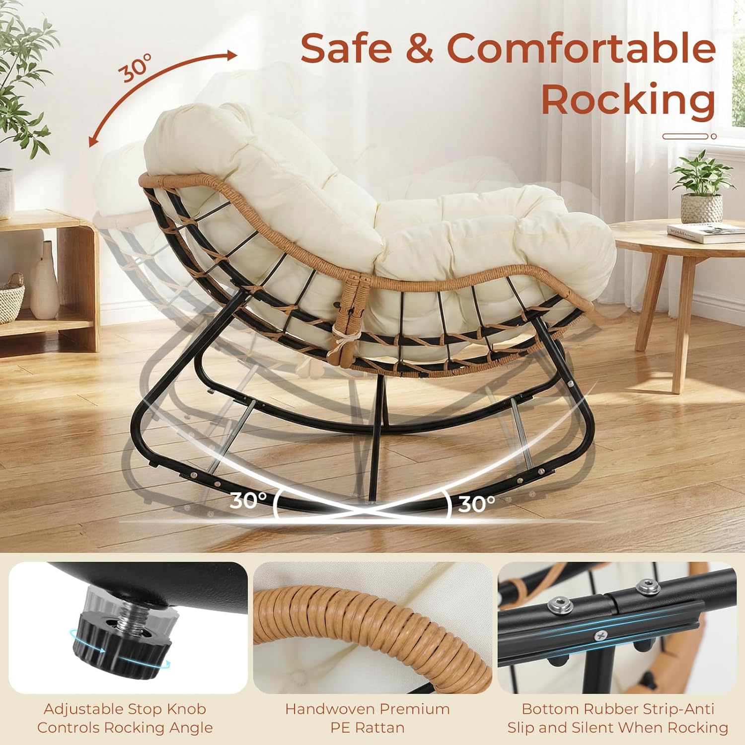 TLSUNNY Outdoor Papasan Rocking Chair, Oversized Padded Lounge Rocker with Cushion, Comfy Wicker Egg Lounge Chair, Large Indoor Rocking Recliner for Living Room/Porch/Garden (Beige)