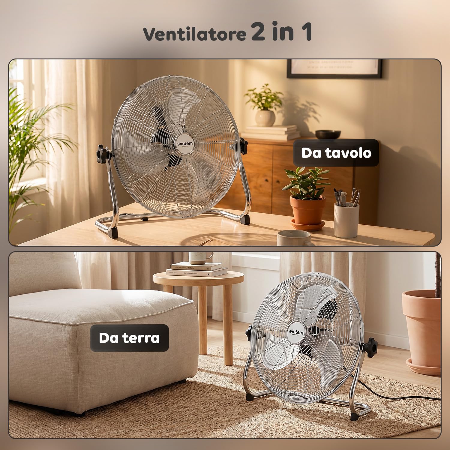 Wintem Standventilator oder Tischventilator, verchromt, 70 W, 3 einstellbare Geschwindigkeiten, ideal für jeden Bedarf, 19 x 18 x 34 cm, mit Schaufel von 40 cm und neigbarem Kopf