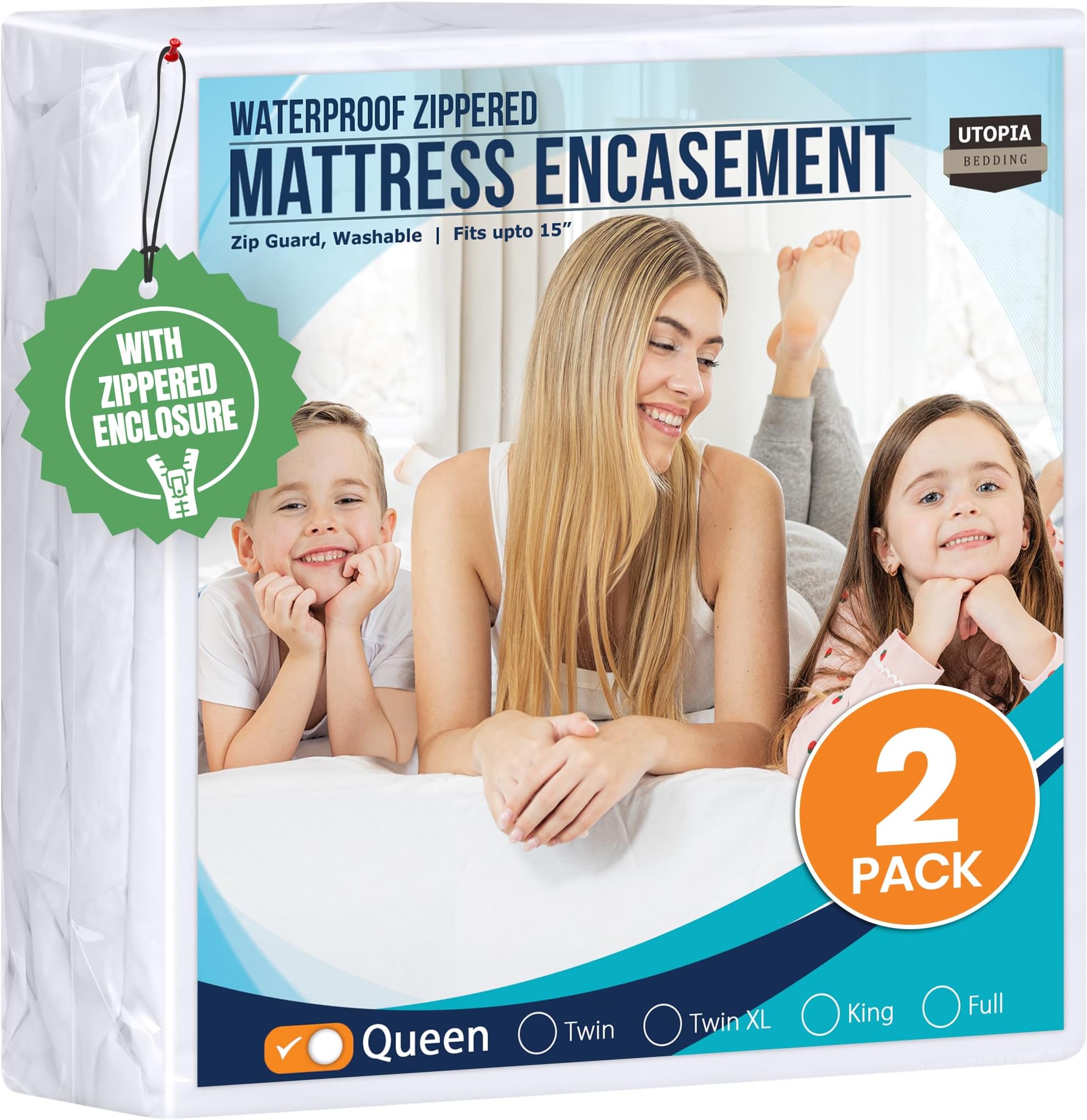 Zippered Mattress Encasement Queen - 100% Waterproof and Bed Bug Proof Mattress Protector - Absorbent, Six-Sided Mattress Cover (Pack of 2)