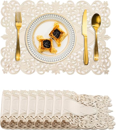 Miniatura 49 de BACKTOEDEN Juego de 6 manteles individuales redondos de color dorado claro, lavables, limpiables, resistentes al calor, manteles individuales de